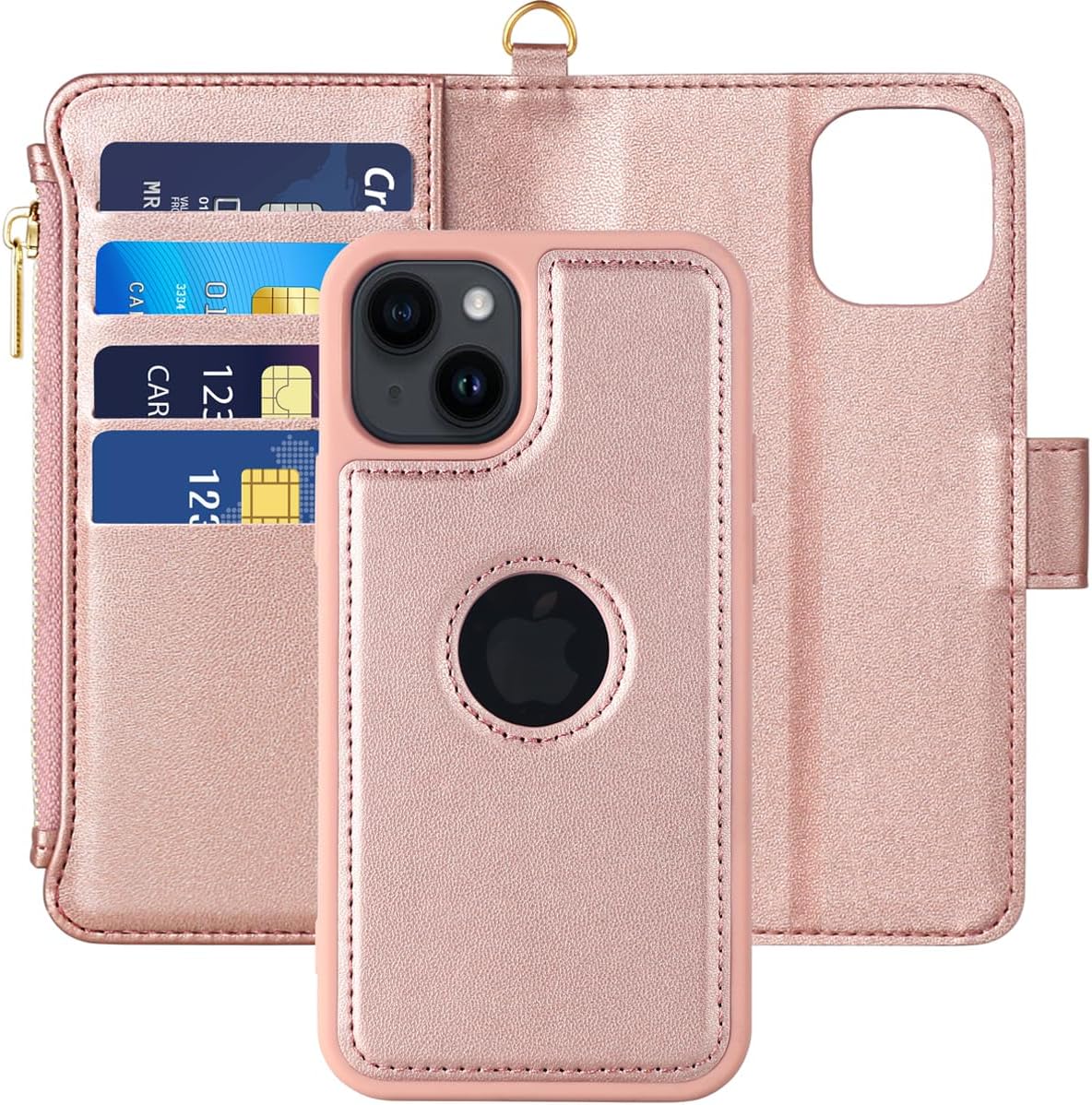 iPhone 15 手帳型ケース 磁石式 高級PUレザー + TPU カード収納・スタンド機能付き [ローズゴールド]