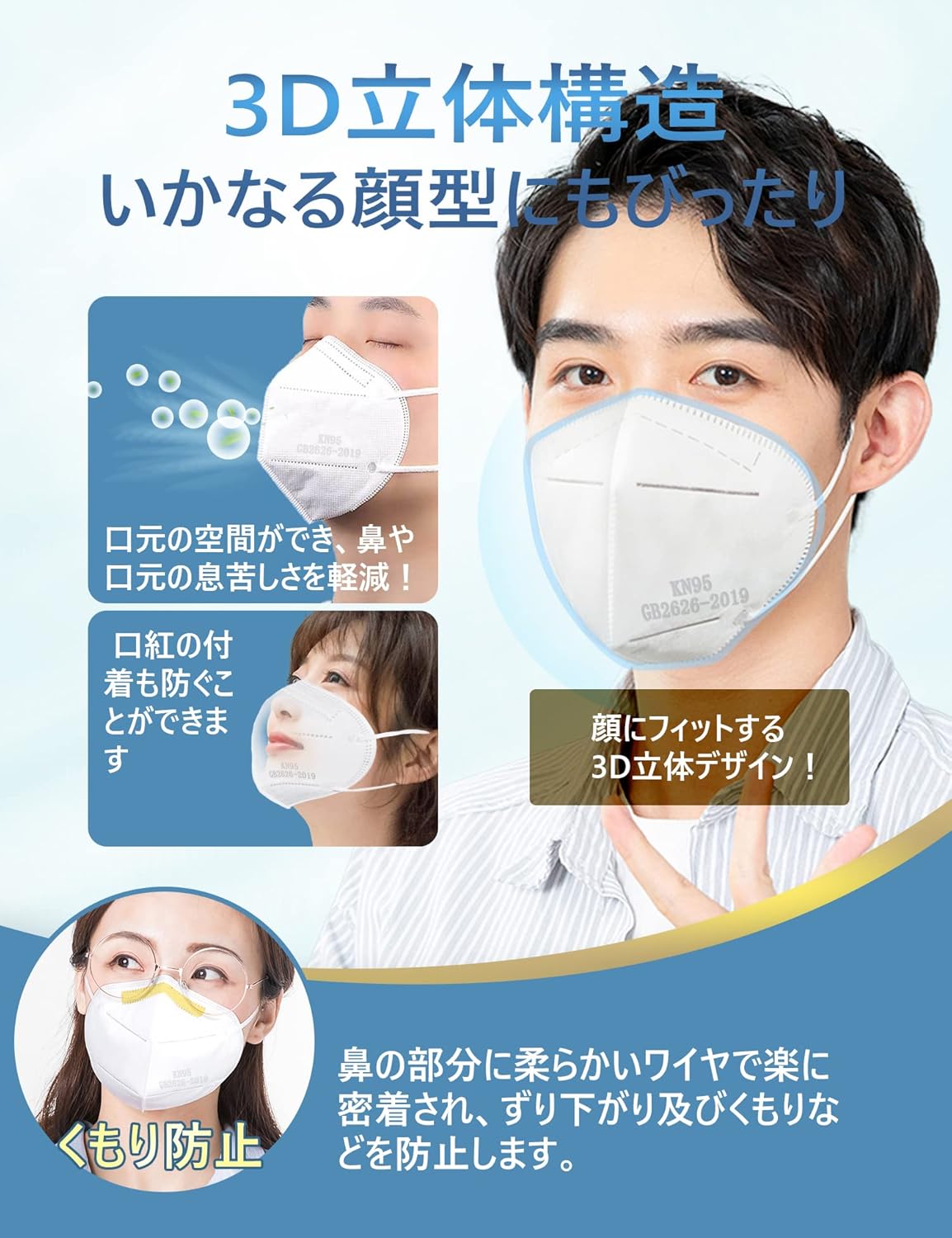 KN95マスク個包装 5層構造 不織布 立体型 使い捨て 会社・学校対応 (20枚入り, ホワイト)