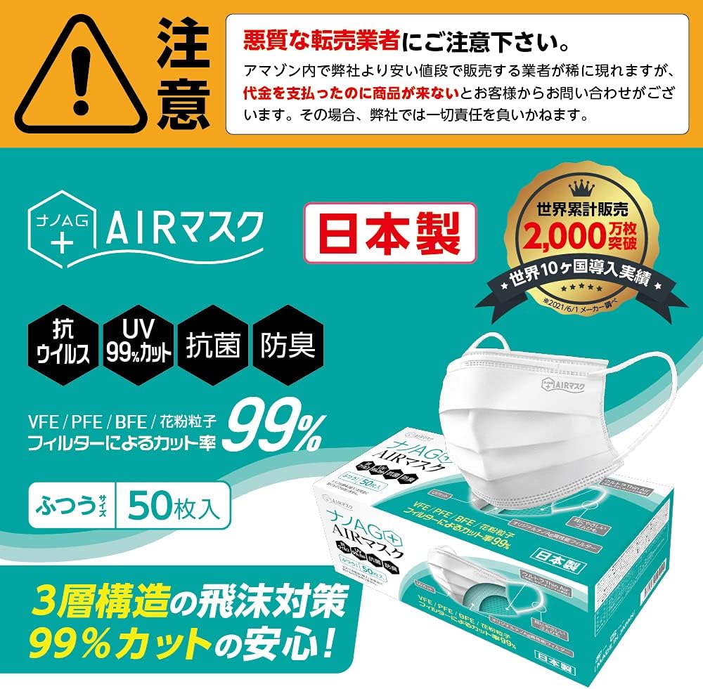 ナノAG+AIRマスク 日本製 使い捨て 不織布 銀イオン抗菌 50枚入