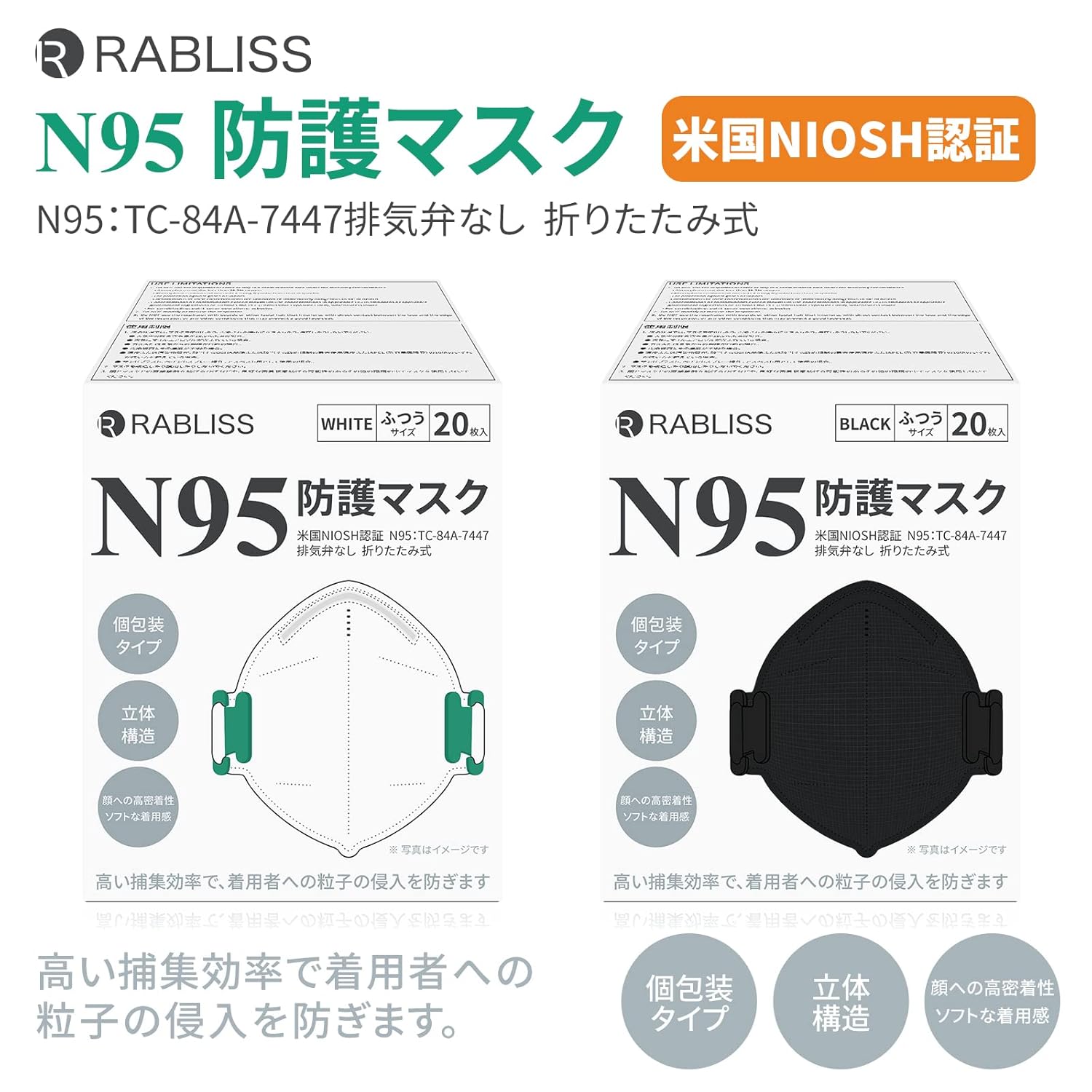 N95マスク（米国NIOSH承認）折りたたみ型・個包装・頭かけタイプ（20枚入）