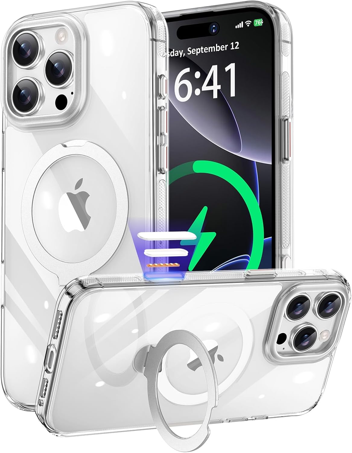 iPhone 16 Pro用 カメラコントロールカバー付き耐衝撃ケース 360度回転スタンド マグネット搭載 クリア