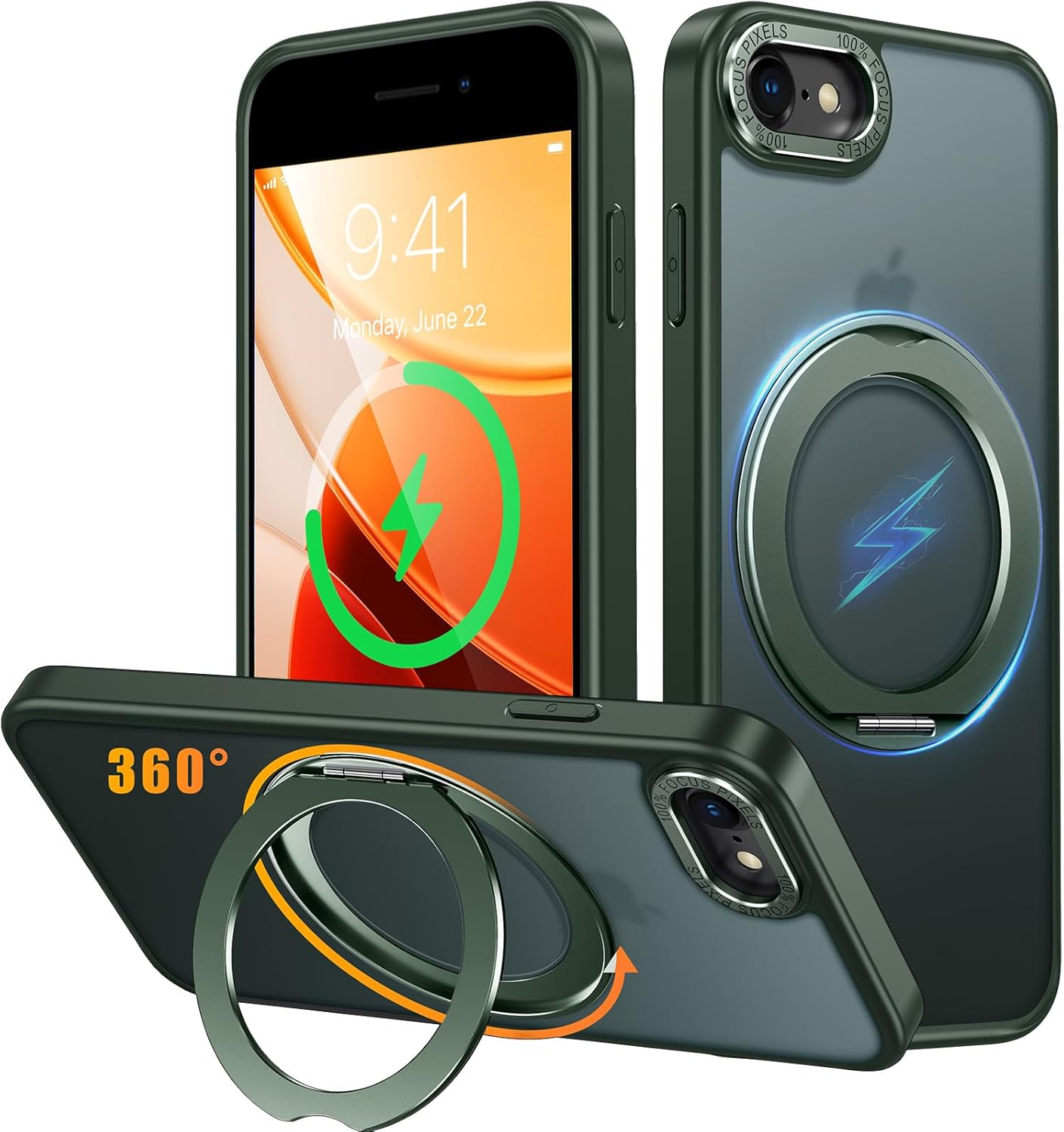 iPhone8/SE2/SE3 用 マグセーフ対応 半透明マット耐衝撃スマホケース グリーン 360°回転スタンド