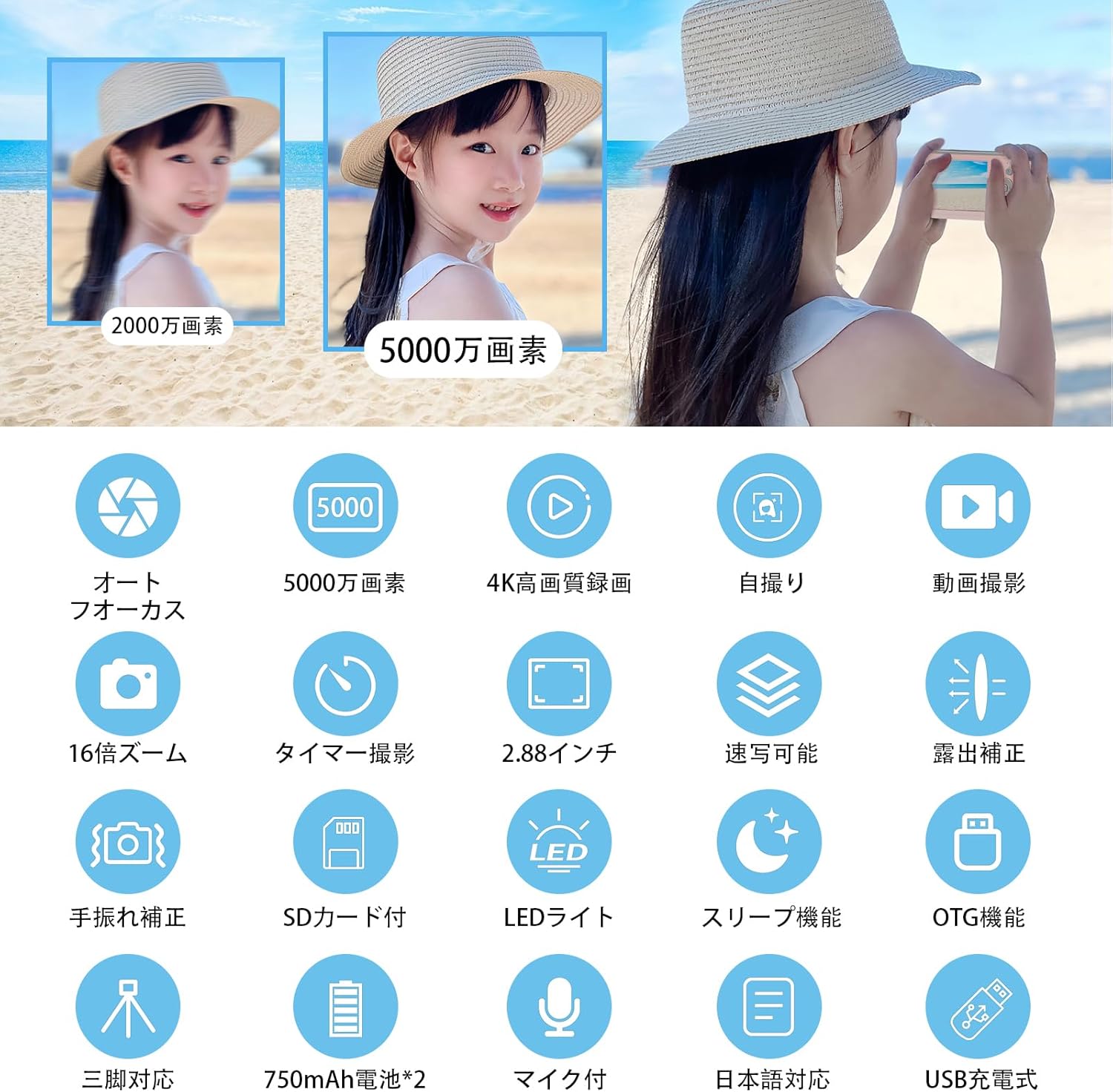 5000万画素 コンパクト4Kデジタルカメラ 手ぶれ補正・16倍ズーム初心者向け ブラック