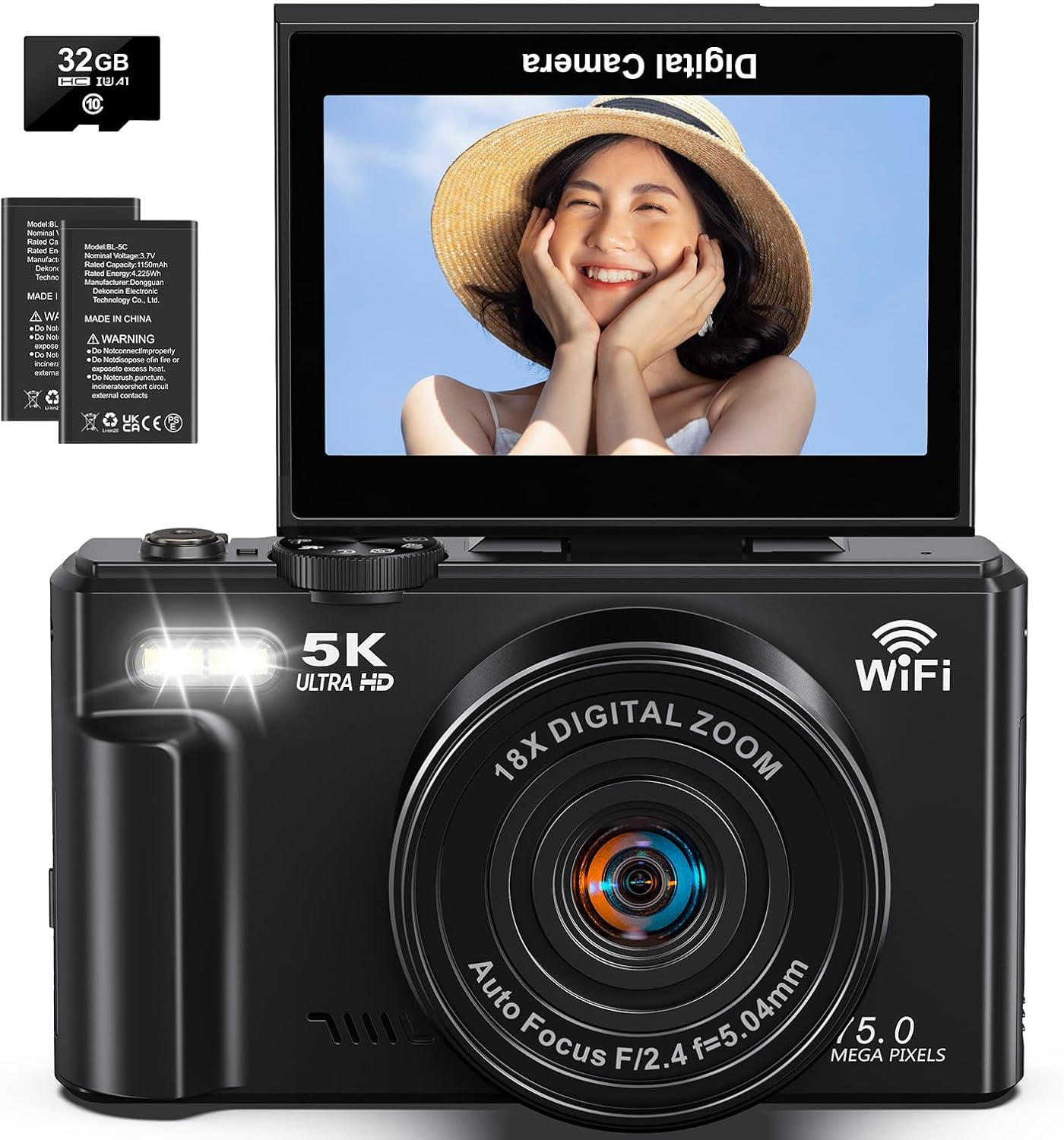 コンパクトデジタルカメラ 5K録画 7500万画素 自撮り対応 AFオートフォーカス 32GBカード付き Vlog用 初心者向け