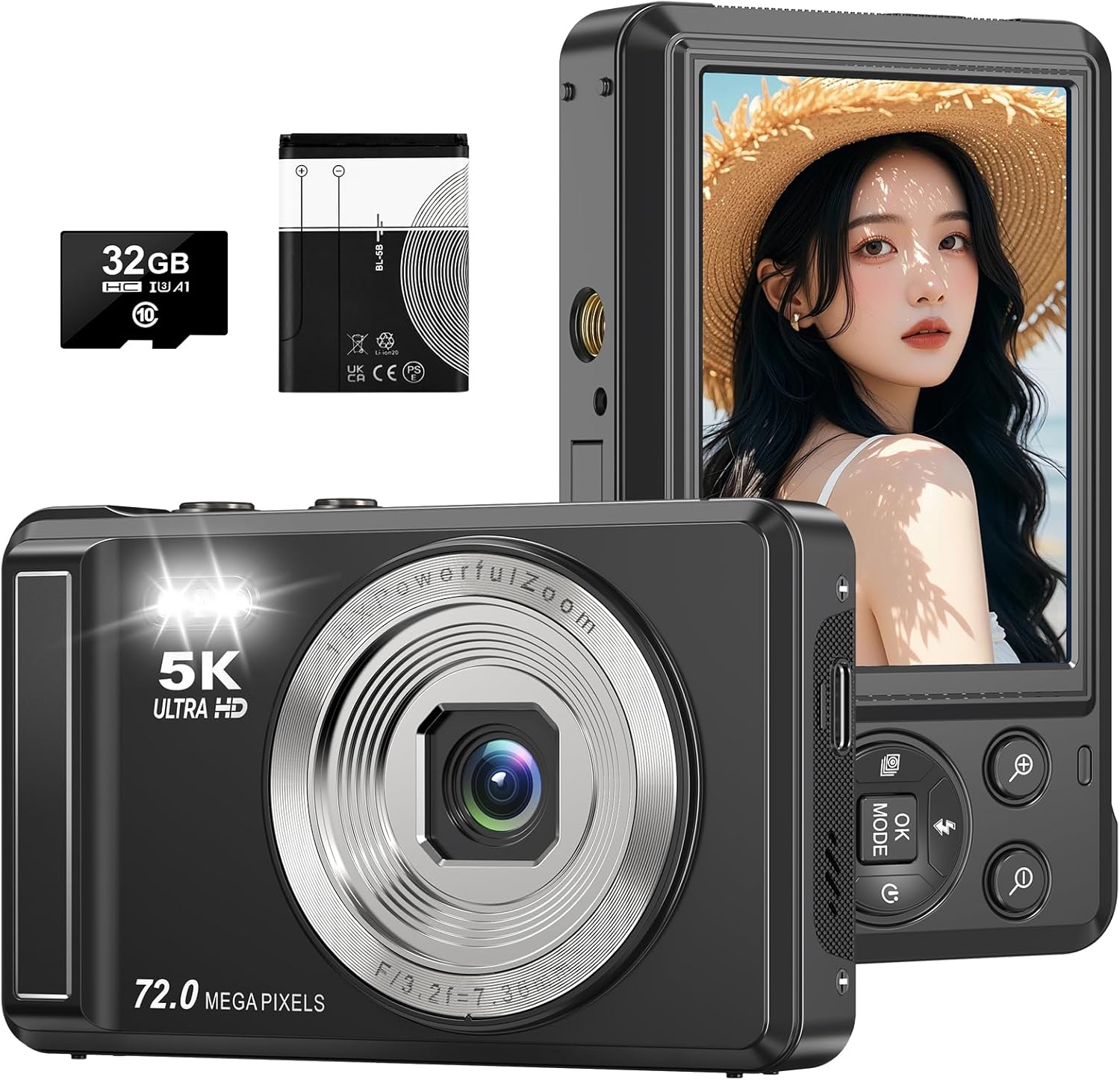 初心者向け 72MP デジタルカメラ 5K録画 16倍ズーム 32GB付き
