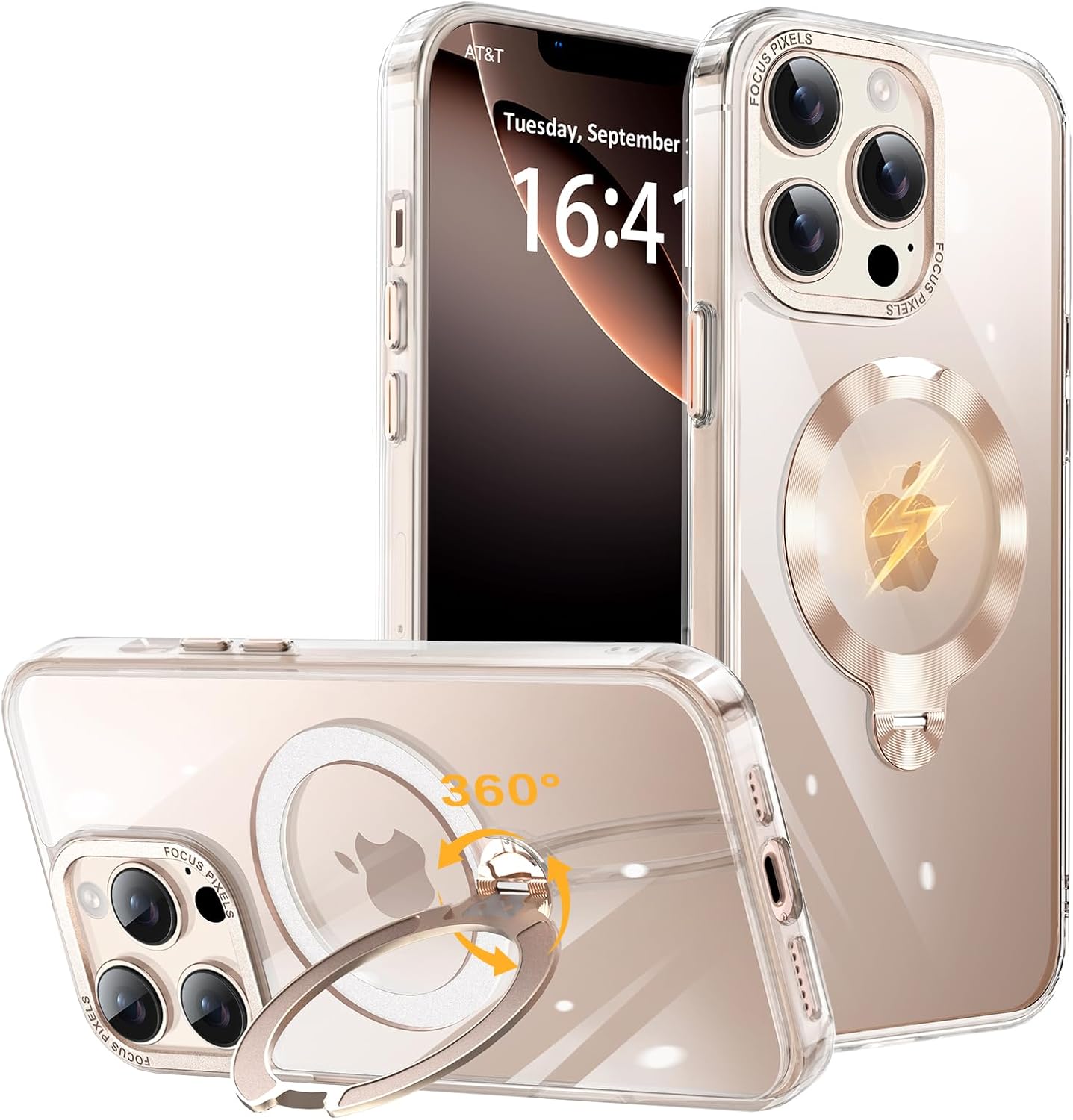 iPhone 13 Pro用 透明ケース MagSafe対応 360°回転スタンド付き 防指紋・黄変防止（ゴールド）