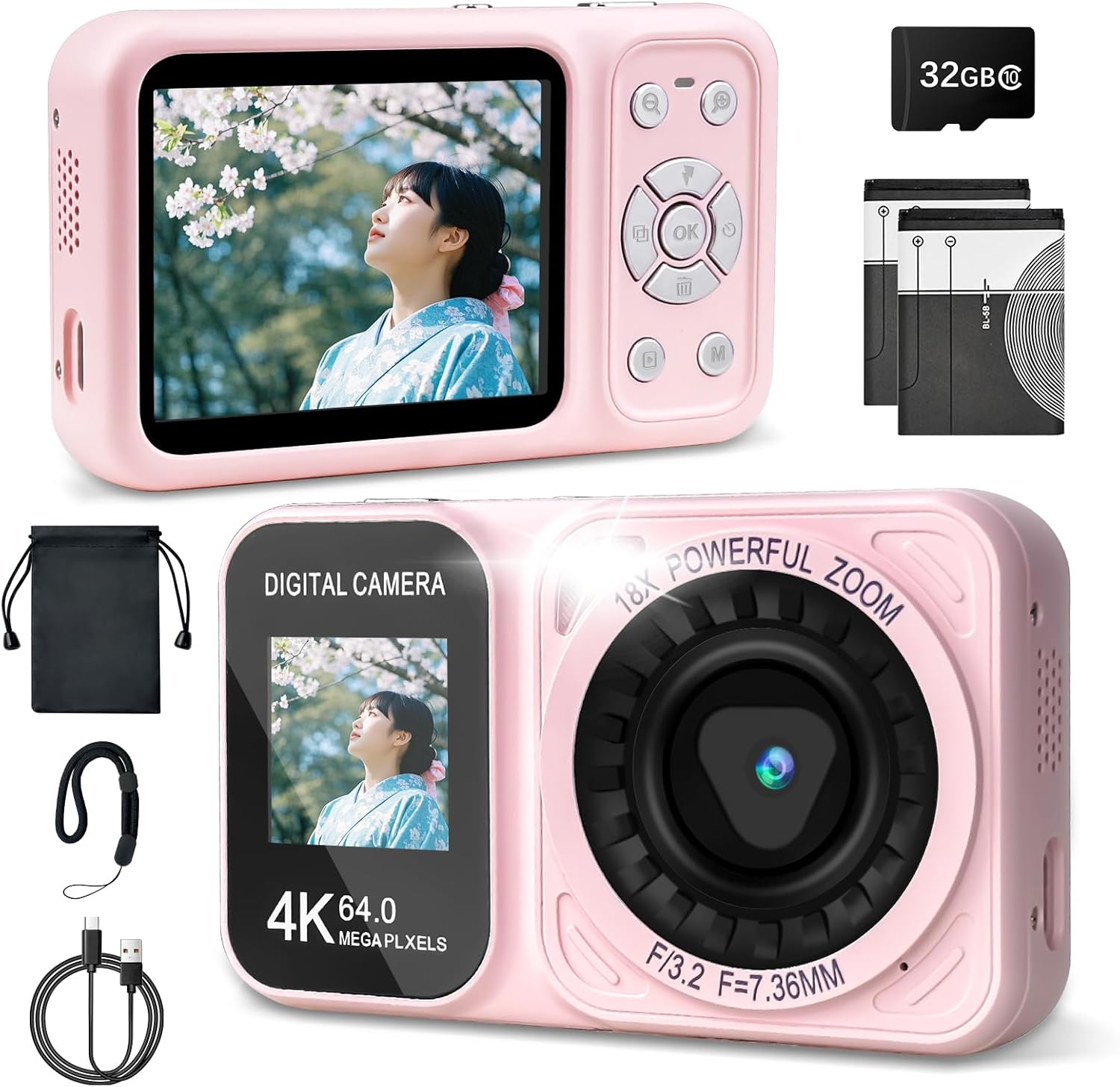 4Kデジタルカメラ 6400万画素 手ぶれ補正 軽量 コンパクト【IPSデュアルスクリーン】誕生日・自撮り・VLOG用 ピンク