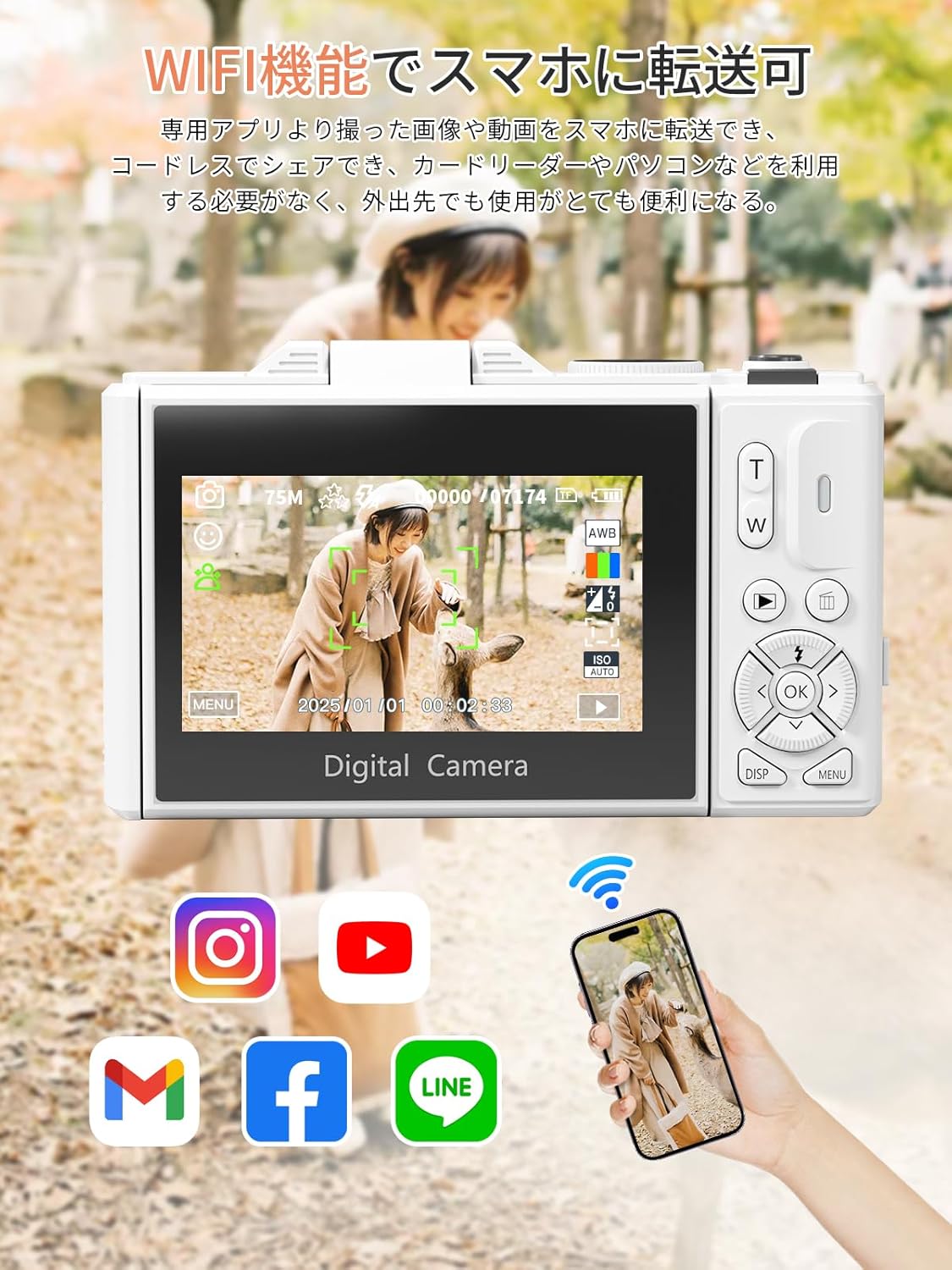 子供向け 5Kデジタルカメラ 自撮り機能・WIFI転送付 7500万画素 18倍ズーム 64GBカード付き ホワイト クリスマスプレゼント