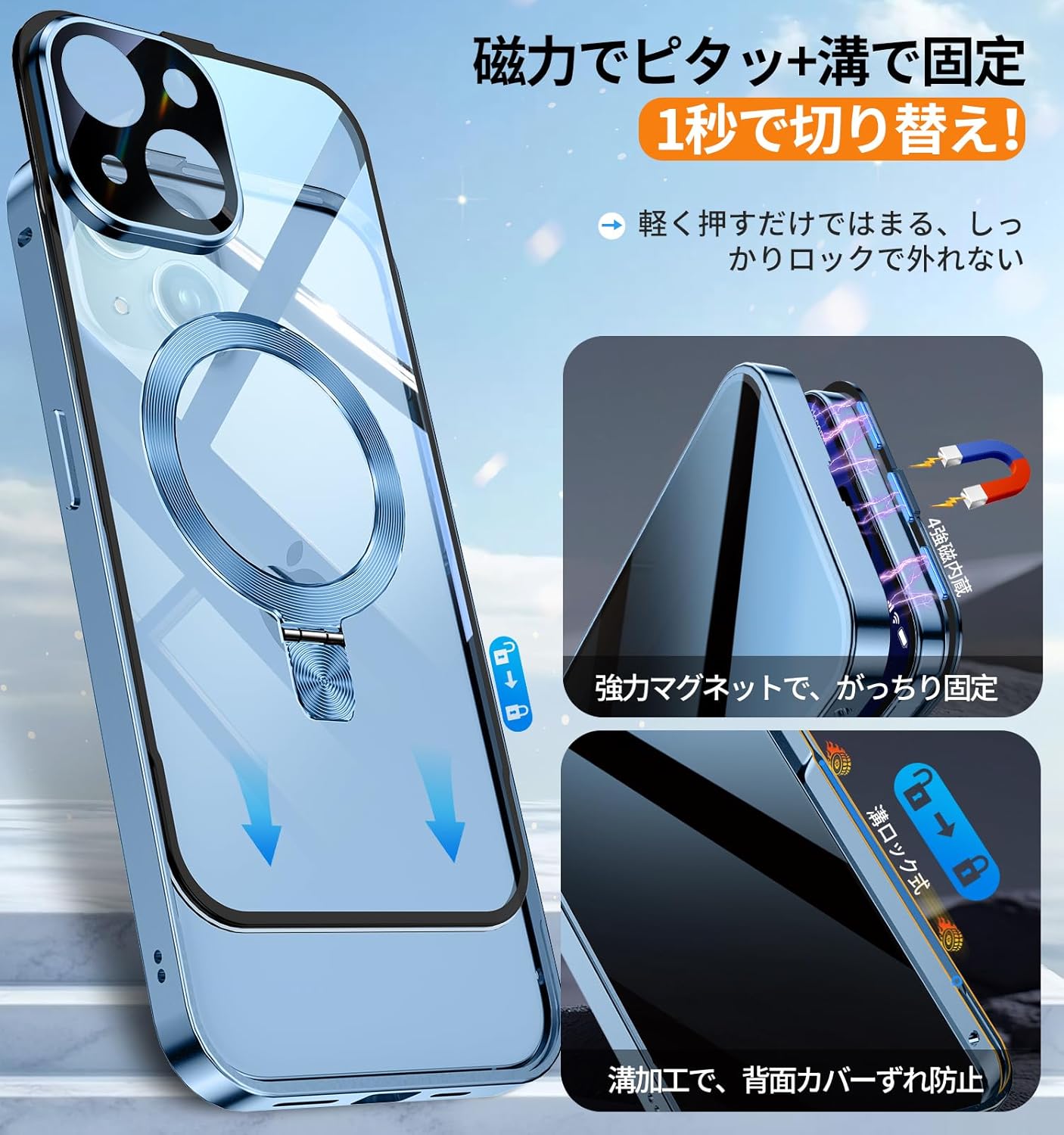 iPhone 13用 磁石付き3in1スタンドケース 9H強化ガラス 防指紋/透明黄変防止シエラブルー
