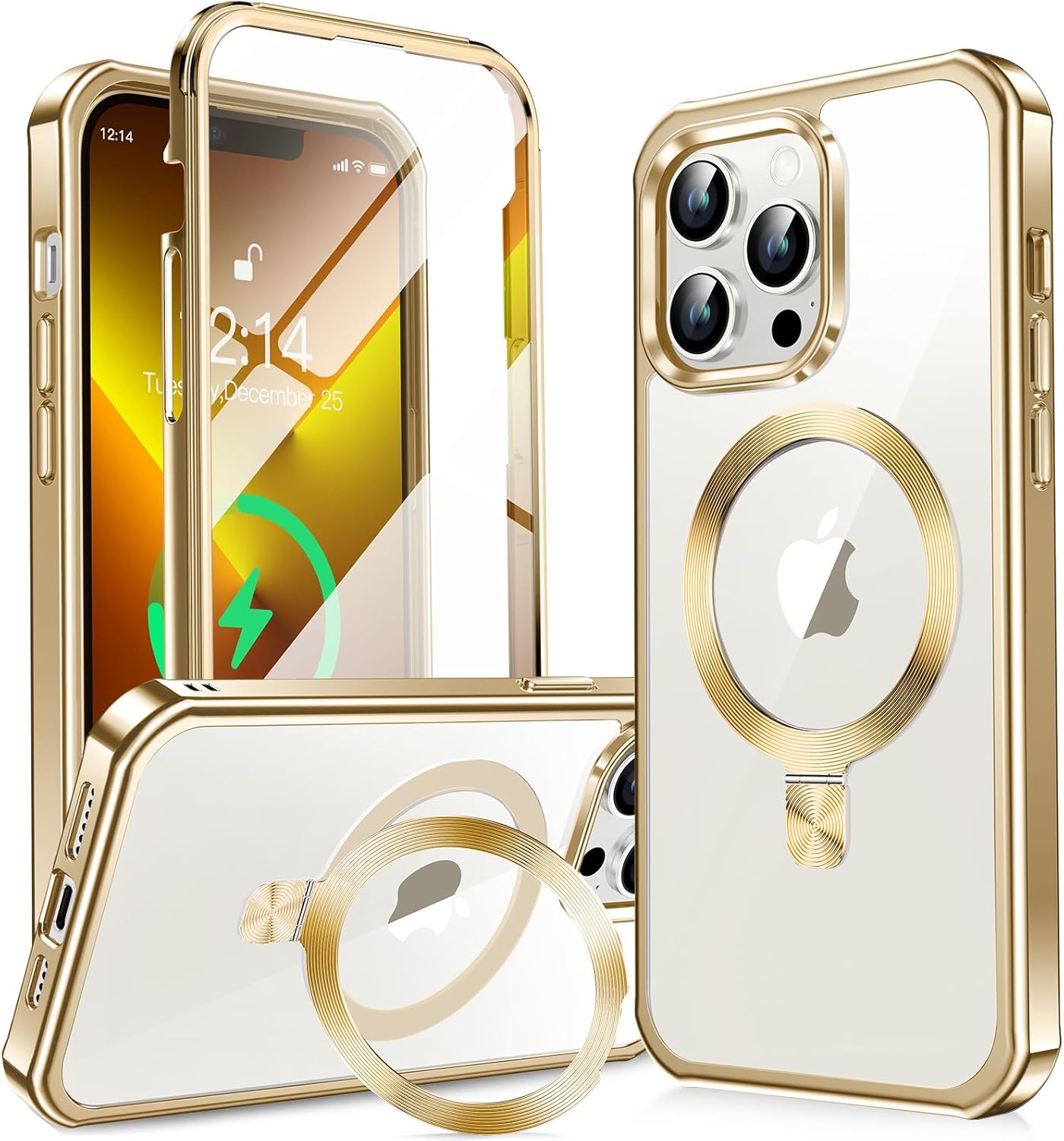 iPhone 13 Pro用 ケース マグセーフ対応 隠しスタンド付き 透明PC背面 ゴールド