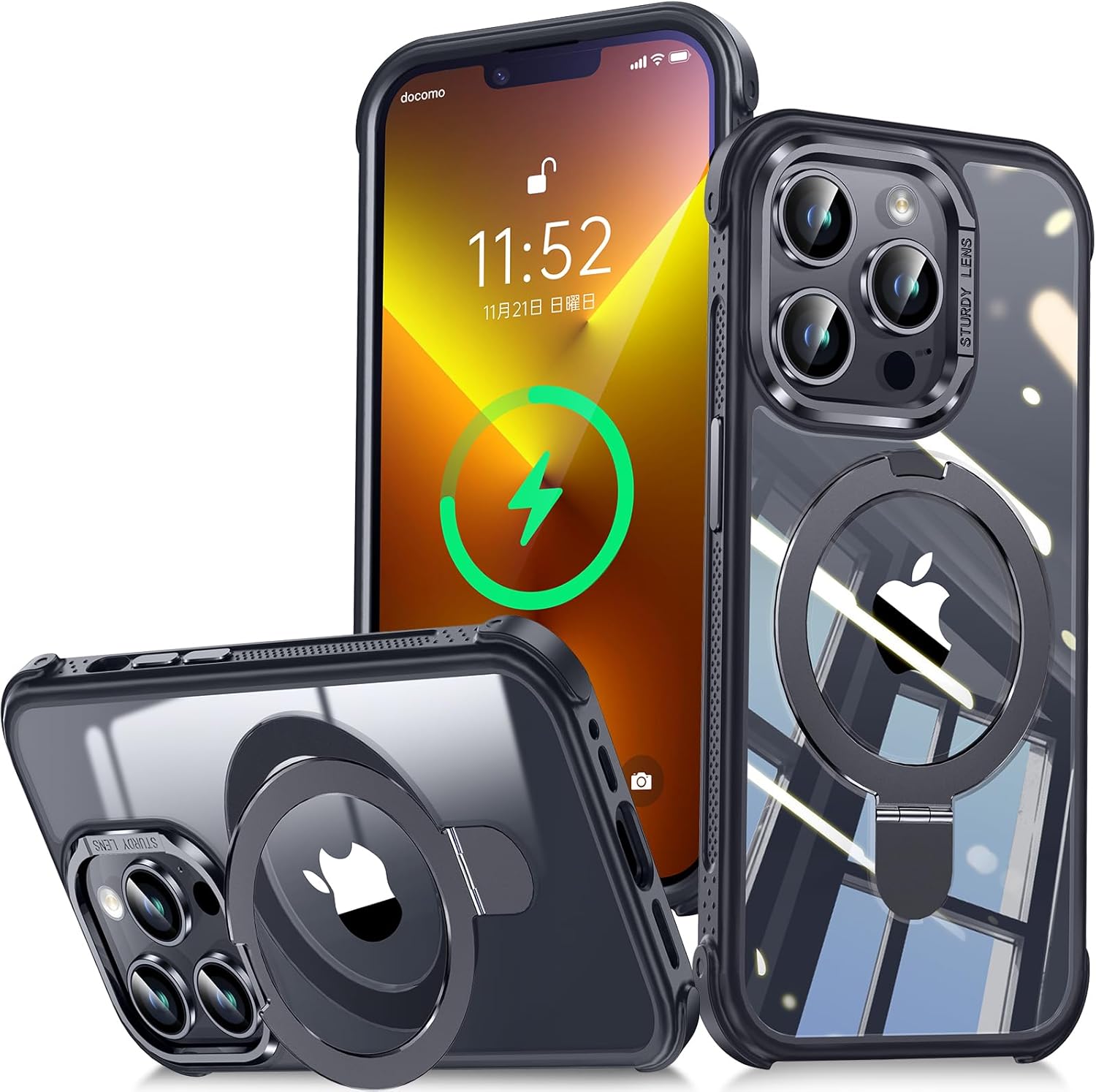 iPhone 13 Pro Max用 マグネット内蔵クリアケース 軍用保護・耐衝撃・黄変防止（ブラック）