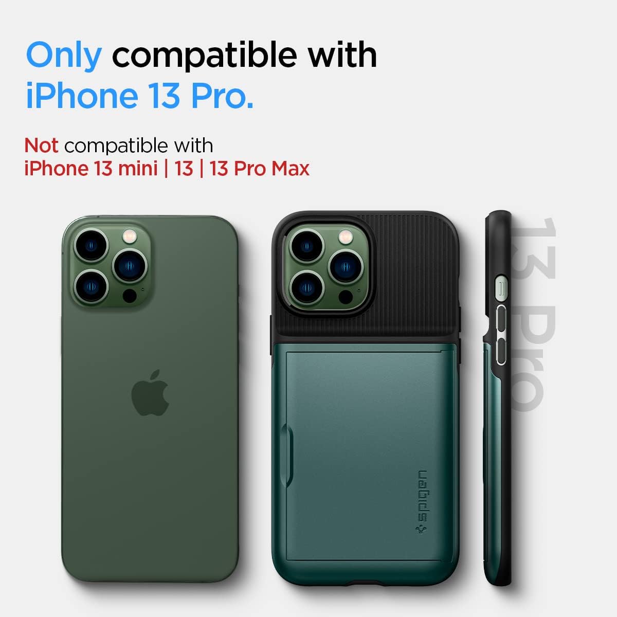 iPhone 13 Pro用 手帳型ケース 耐衝撃 ICカードポケット付き ミッドナイトグリーン