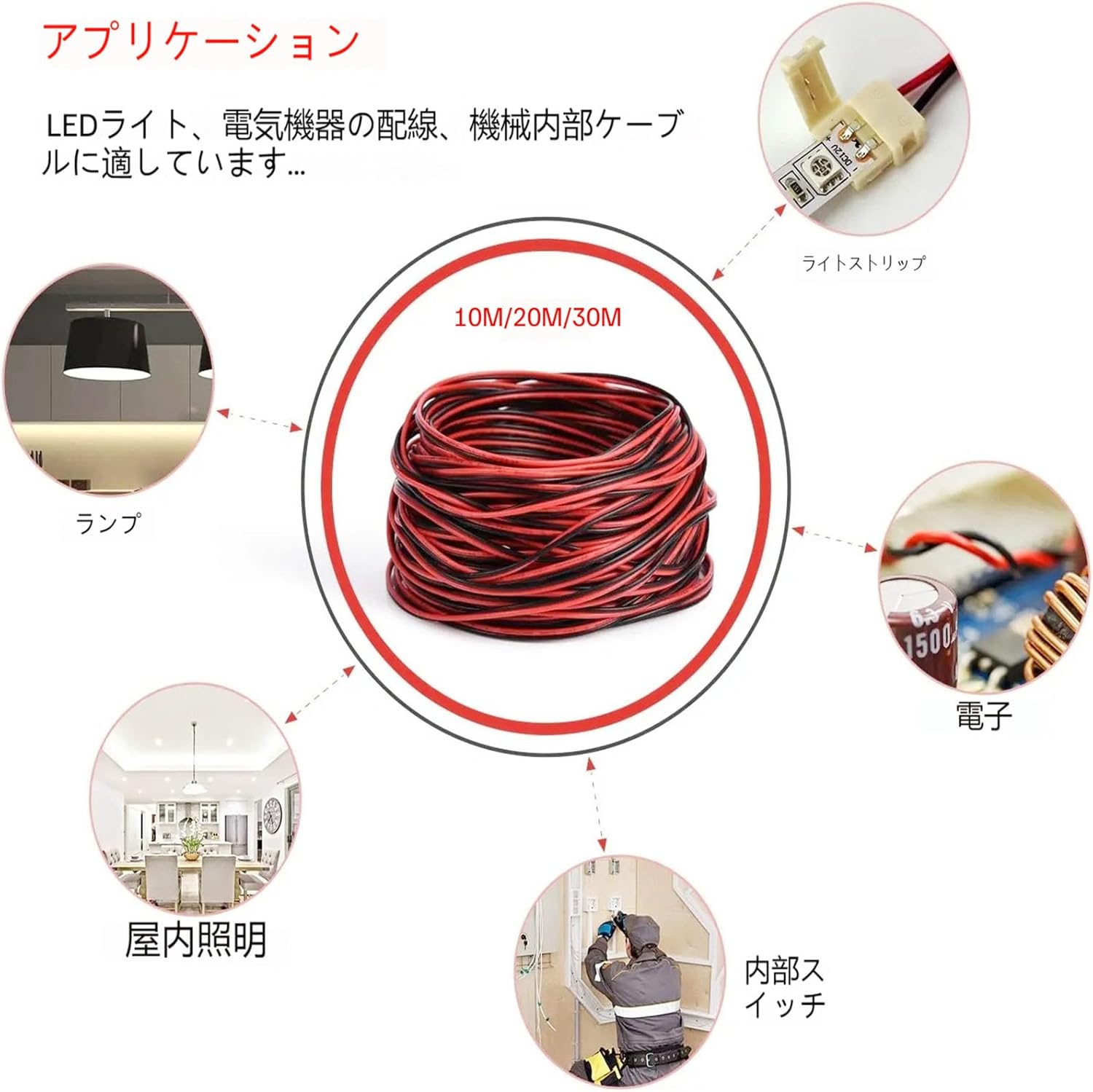 LEDストリップライト用 22AWG 延長ケーブル 20m 2芯 電線 コード