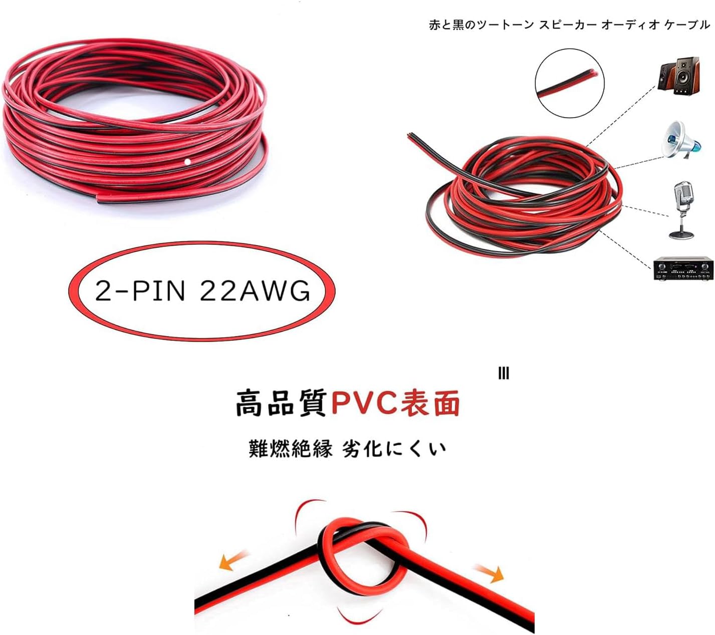 LEDストリップライト用 22AWG 延長ケーブル 20m 2芯 電線 コード