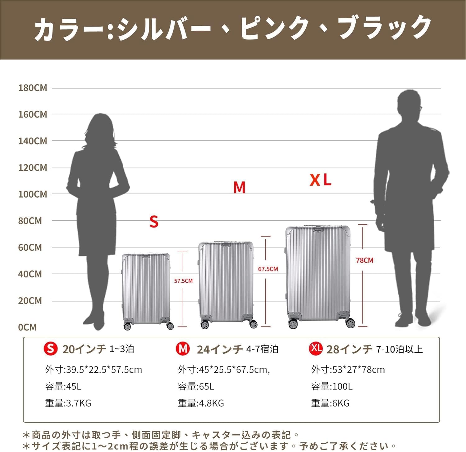 大型アルミ合金キャリーケース 100L 静音ダブルキャスター TSAロック搭載 旅行・出張用 XLサイズ シルバー