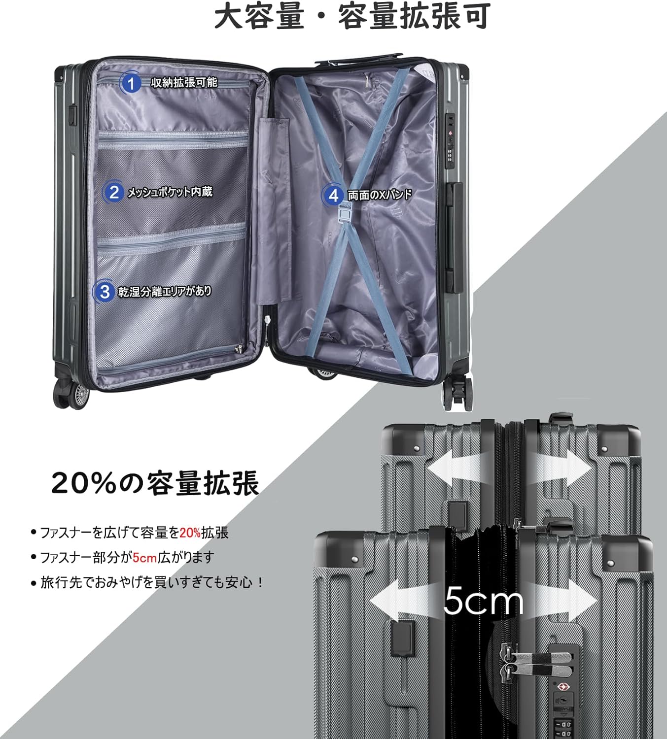 多機能USBポート付き軽量スーツケース Sサイズ（機内持込・1-3泊）グレー