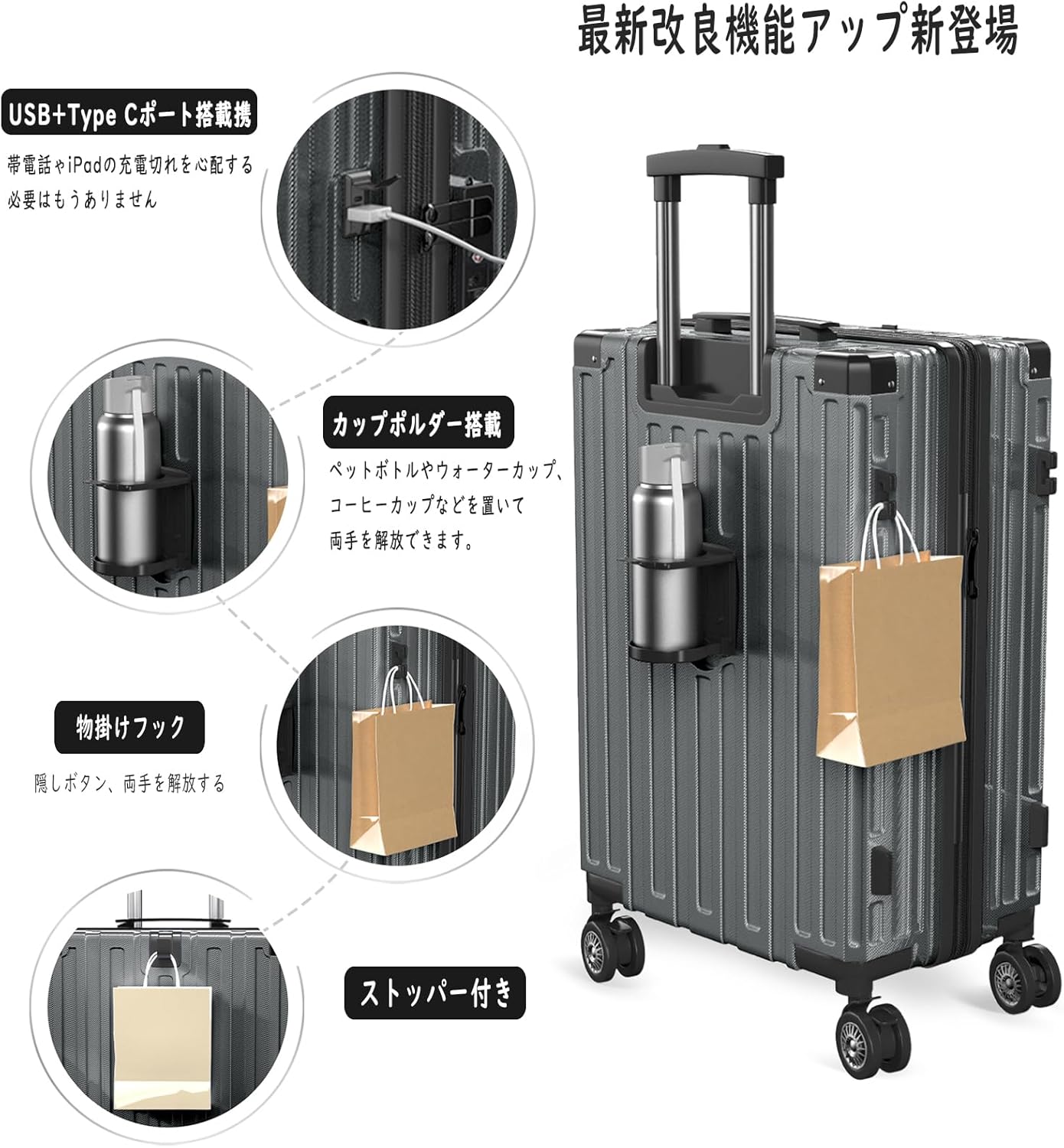 多機能USBポート付き軽量スーツケース Sサイズ（機内持込・1-3泊）グレー