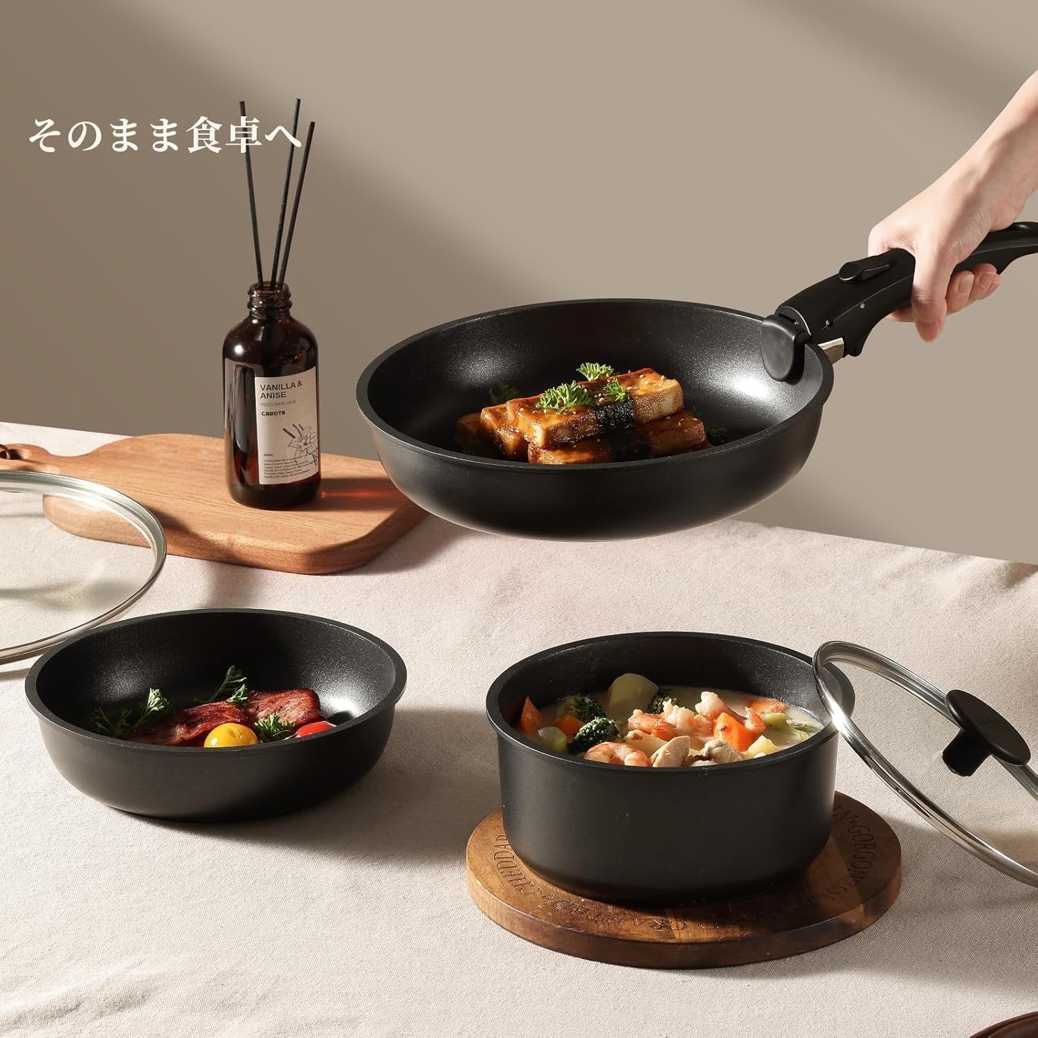 新生活に最適な軽量フライパン鍋セット 6点 チタンコート IH&ガス火対応 黒