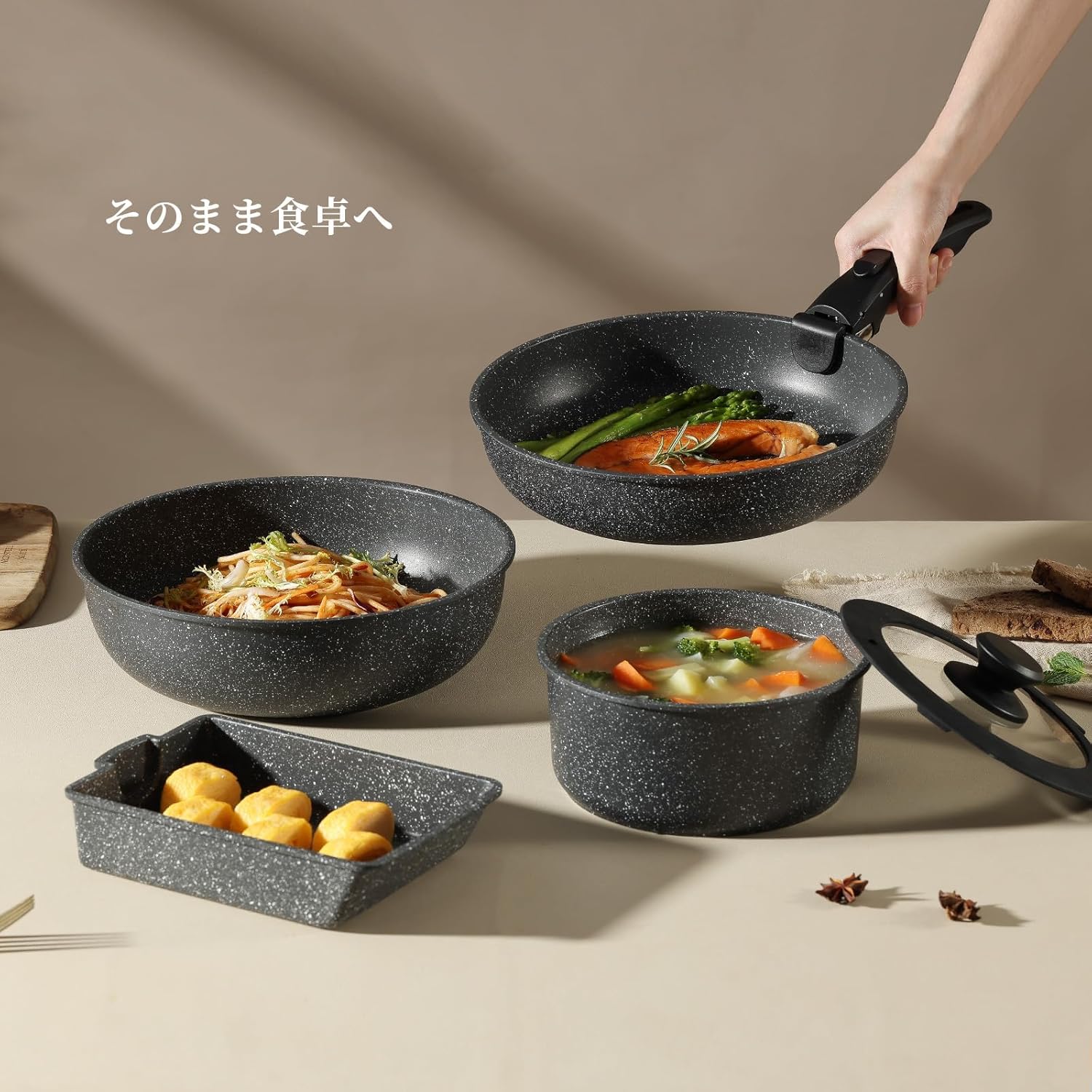 新生活応援 CAROTE 12点 マーブルコート鍋セット IH・ガス火対応 軽量・取っ手着脱式 5層構造