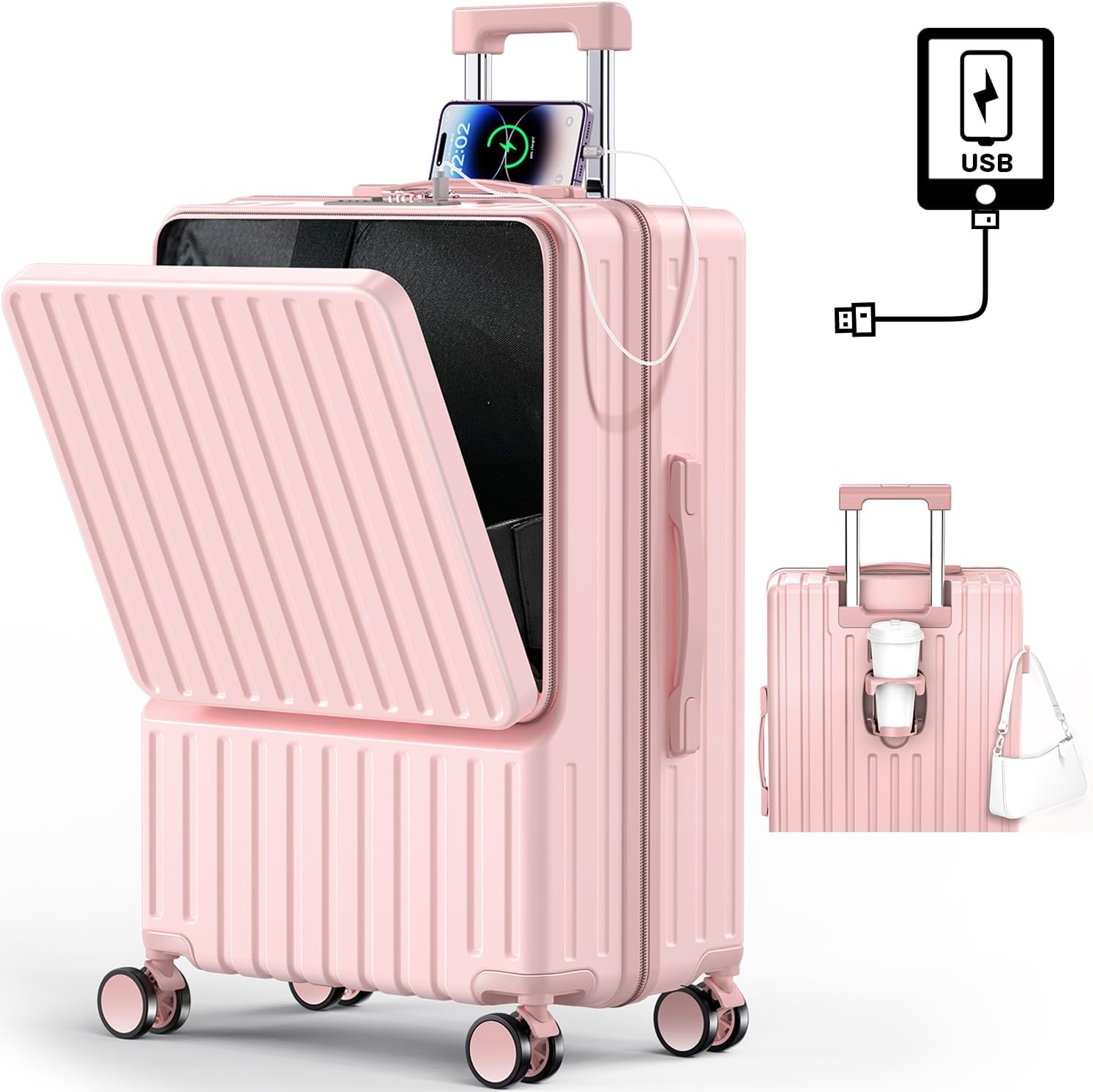 旅行用軽量多機能キャリーケース USBポート・カップホルダー付き（ピンク, Sサイズ/42L）