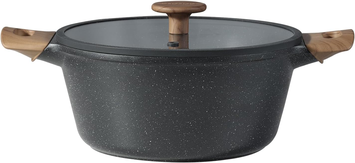 両手鍋 24cm IH・ガス火対応 PFOA不使用 5層マーブルコーティング 一人暮らし用 強化ガラス蓋付き Cosy Blackシリーズ ブラック