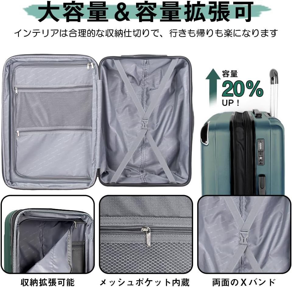 機内持ち込み対応 大型軽量スーツケース 拡張機能付き Sサイズ (ミッドナイトグリーン)