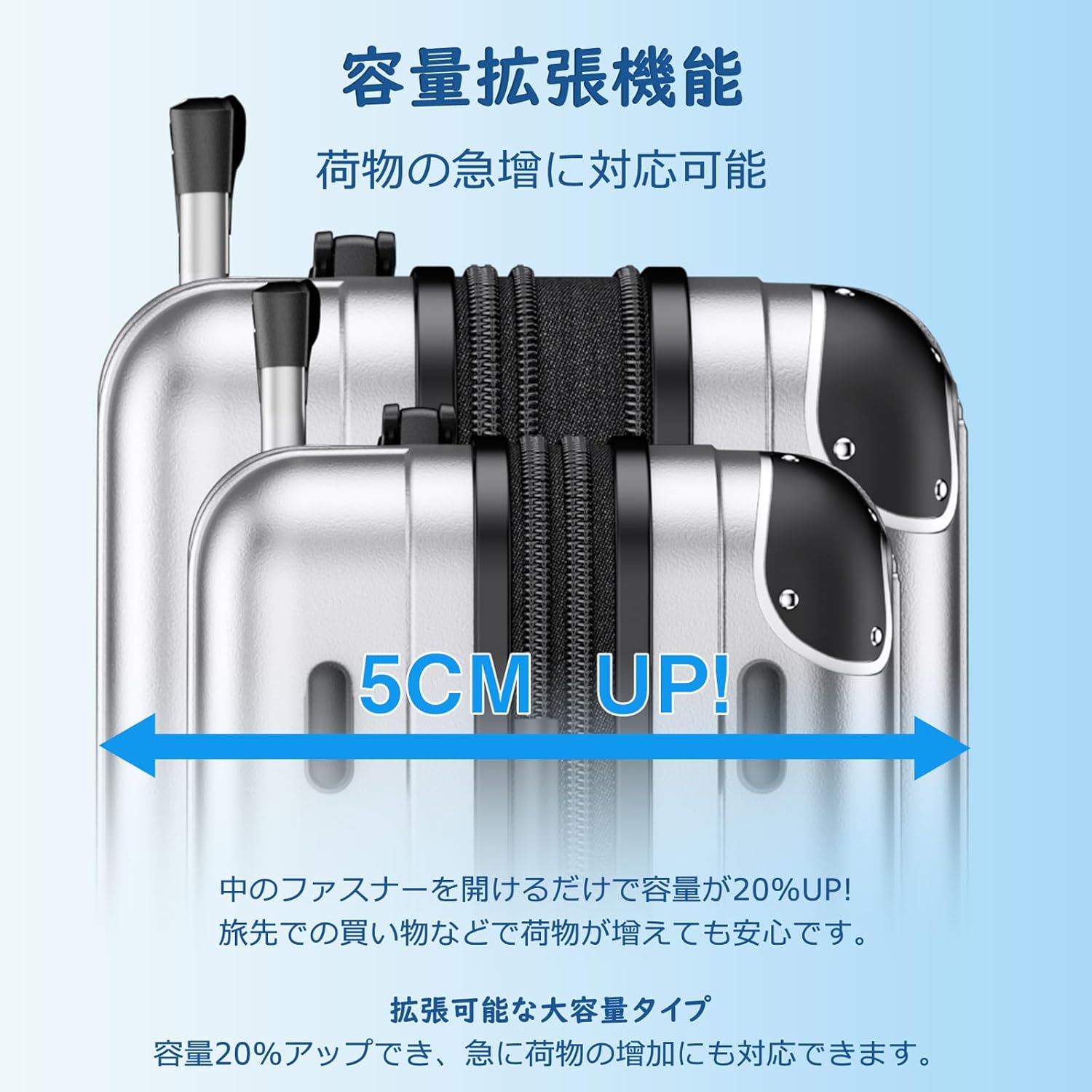 【軽量】機内持ち込みスーツケース Sサイズ 40L 拡張機能付き シルバー