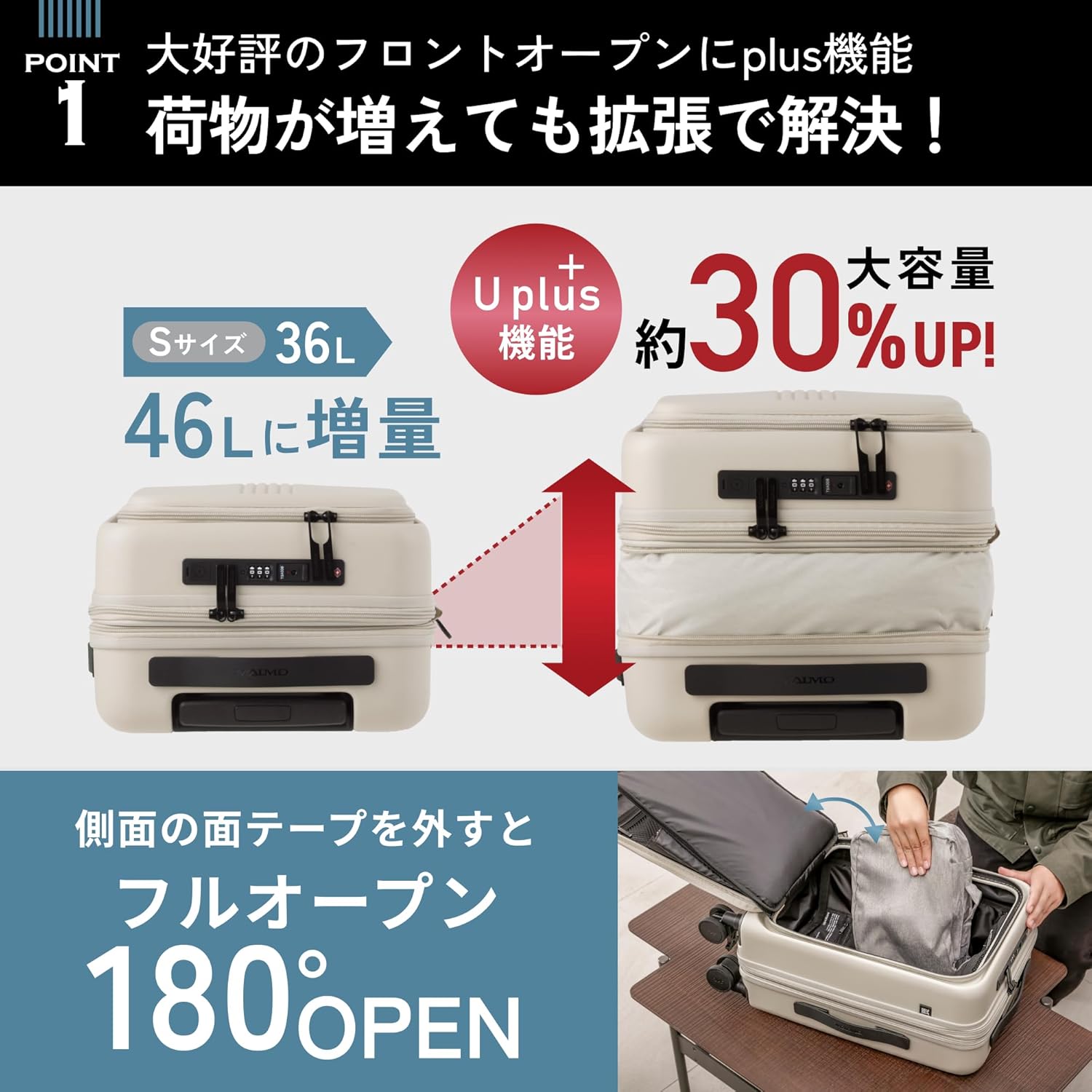 フロントオープン Mサイズキャリーバッグ 静音キャスター HINOMOTO スーツケース