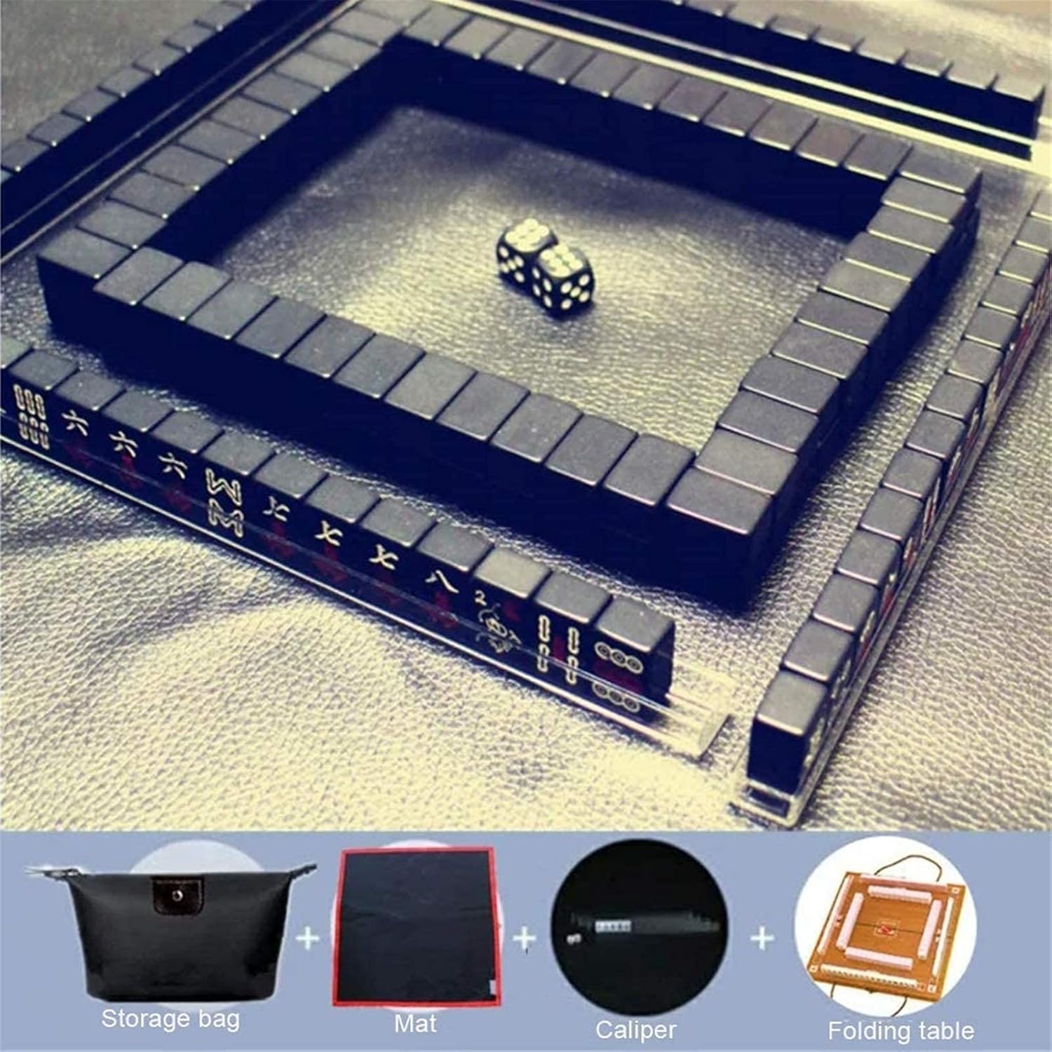中国伝統麻雀折りたたみポータブルゲームセット 144牌入り (ブラック)