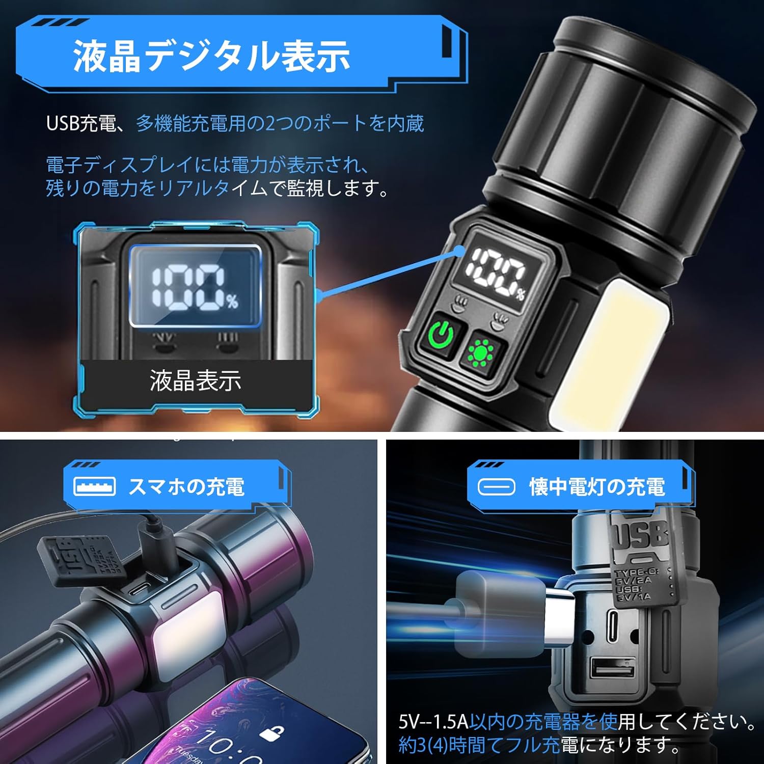 強力LED懐中電灯【5000mAh充電式・防水・ズーム調整】タクティカルライト