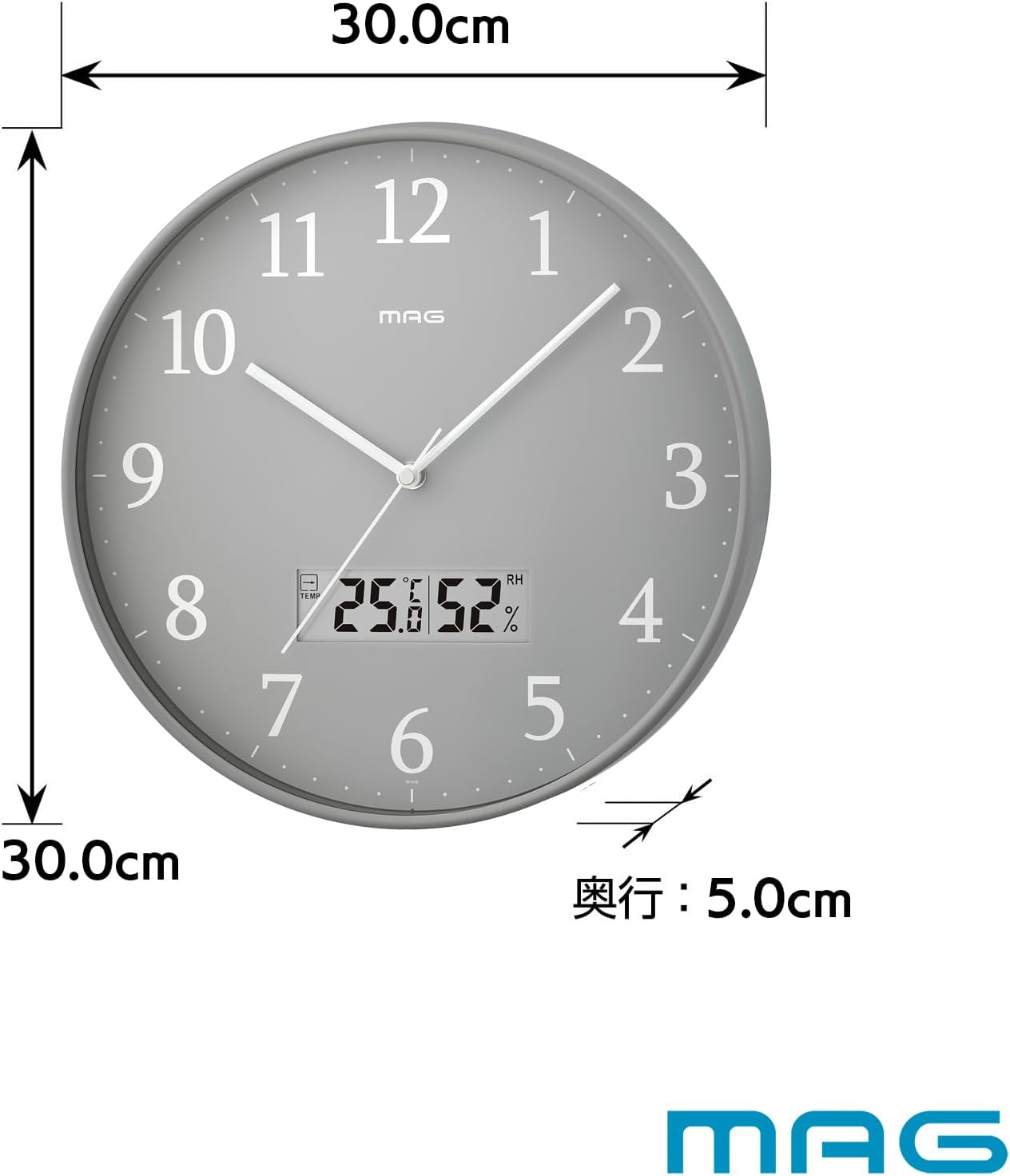 温湿度計付き アナログ電波壁掛け時計 直径30㎝ シンプルデザイン グレー