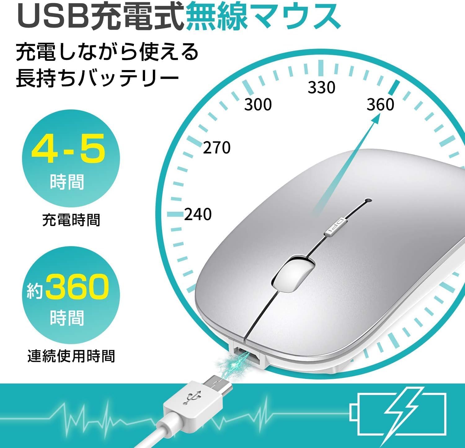 Bluetooth無線充電式静音マウス 超薄型 省エネ 3DPIモード (シルバー)