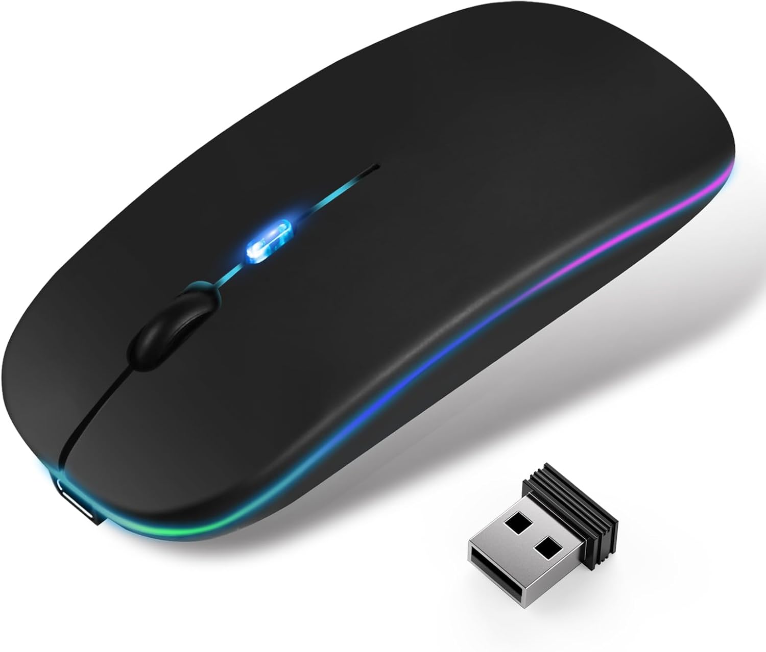 ワイヤレスマウス Type-C充電式 超薄型 静音モデル 2.4GHz 7色ライト 小型 高耐久性 (ブラック)