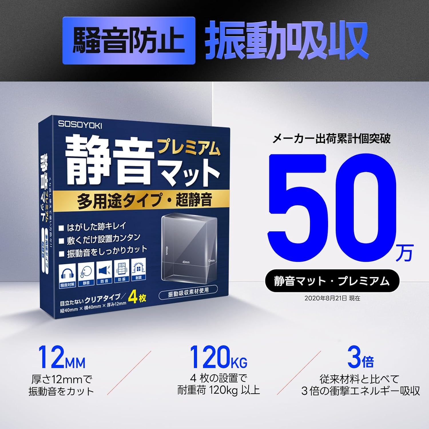 プレミアム静音マット 40×40×12mm クリア 4枚入 防音・防振タイプ