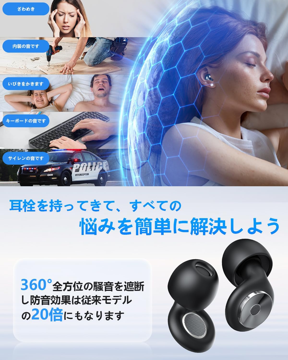睡眠用耳栓【コックスZD】ノイズキャンセリング 55db低減 シリコン製 収納ポーチ付 男女兼用 4サイズ対応