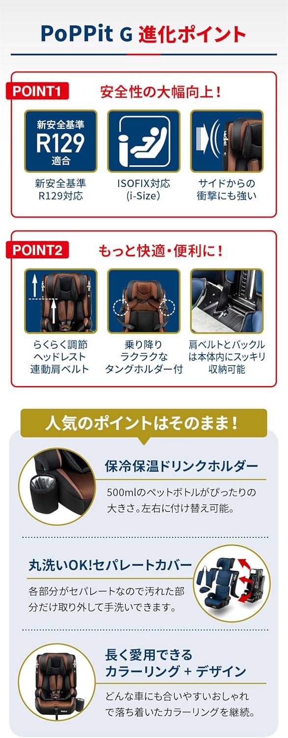 ジュニアシート R129適合 ISOFIX固定 15ヶ月から12歳用 保温保冷ドリンクホルダー付き 3way 洗える
