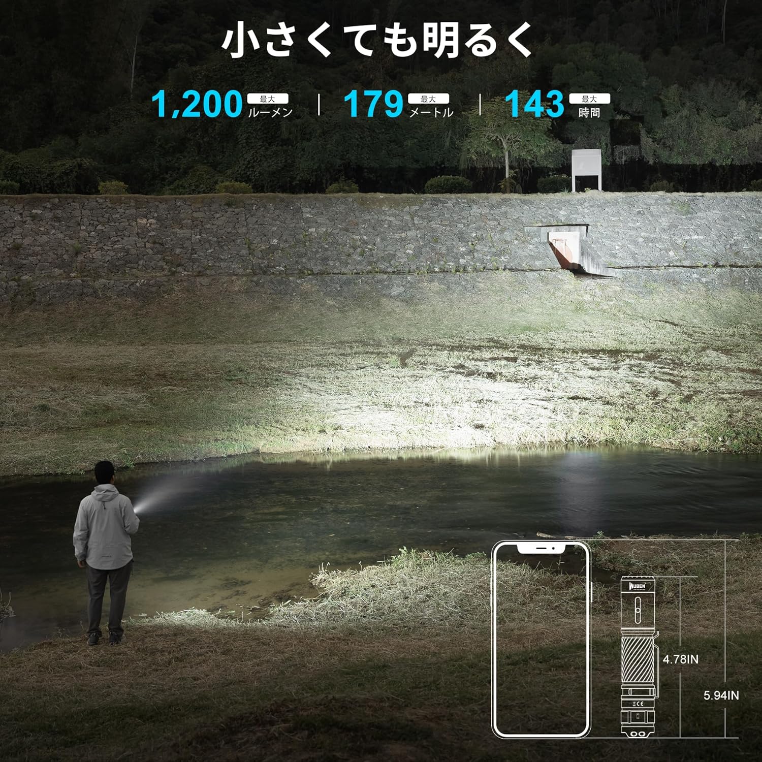 強力1200ルーメン小型充電式懐中電灯IP68防水タクティカルライト