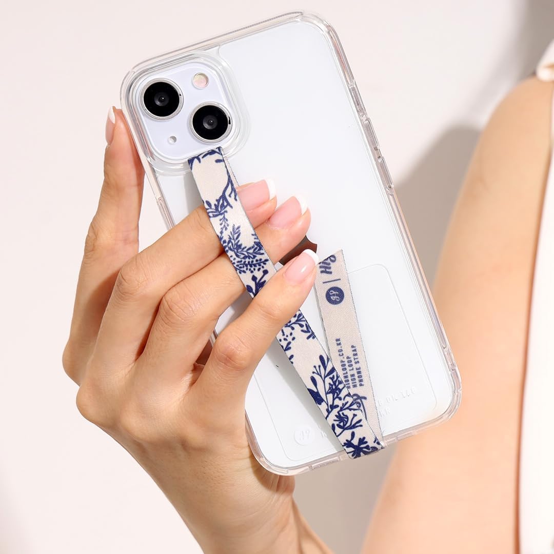 スマホケース用 ハンドストラップ フィンガーストラップ 落下防止 ワイヤレス充電対応 (ボタニカルネイビー)