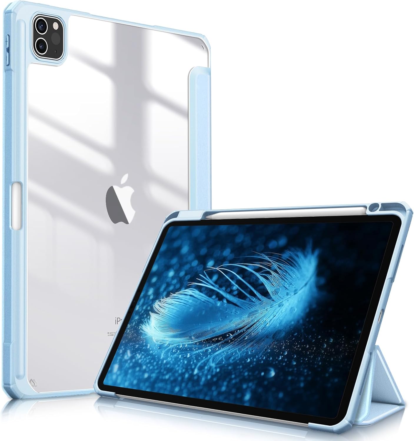 iPad Pro 11インチ（2018/2020/2021年モデル）用透明バッテリーカバー - Apple Pencil収納・ワイヤレス充電対応・軽量薄型・三つ折スタンド・スリープ機能（スカイブルー）