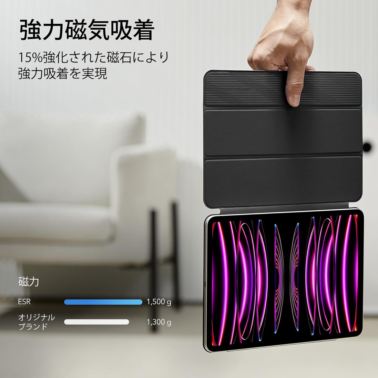 iPad Pro 12.9インチ ケース (2022/2021/2020 第6/5/4世代) マグネット式 スタンド機能 ブラック