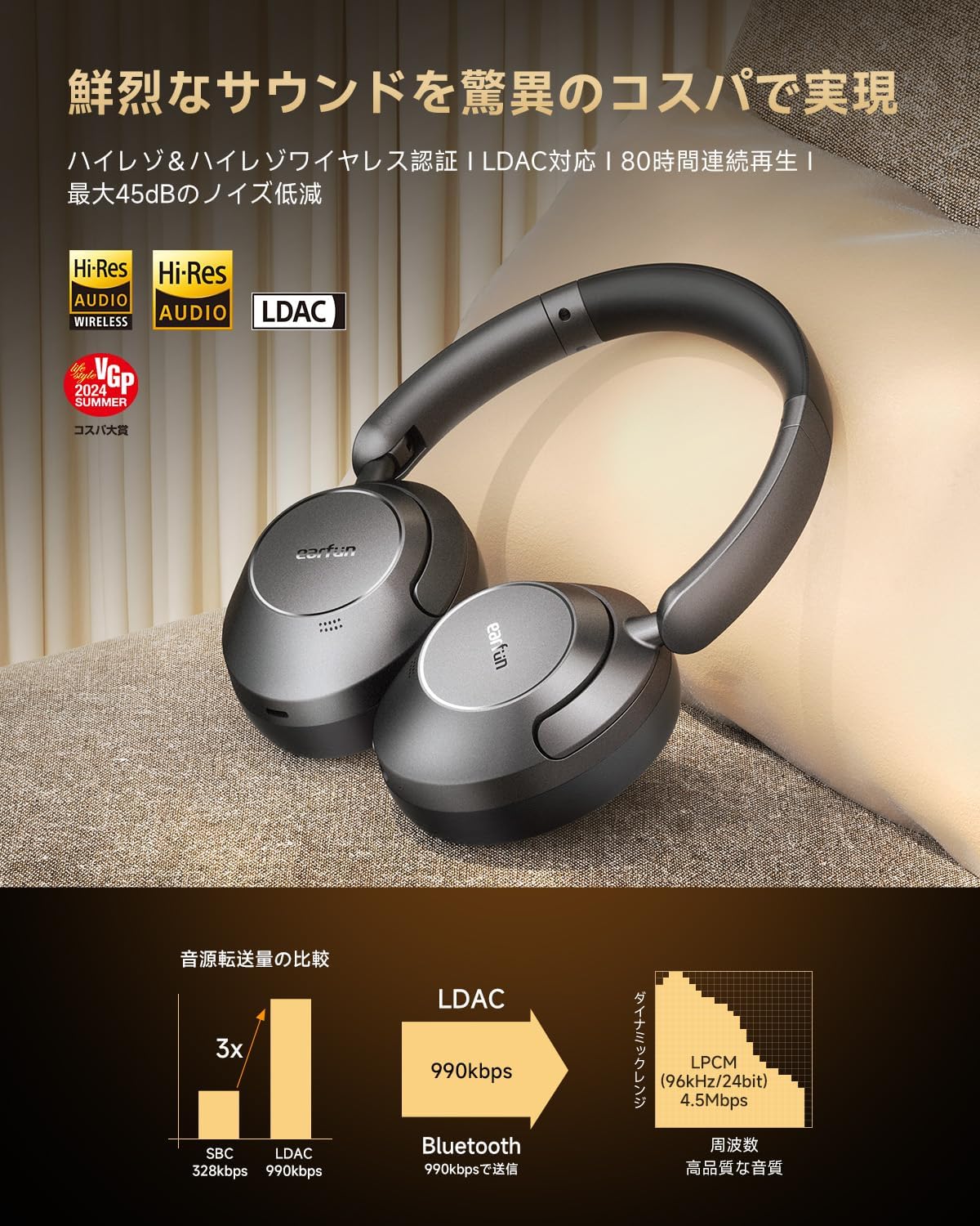 EarFun Wave Pro ワイヤレスヘッドホン Bluetooth 5.4 LDAC対応 ノイズキャンセリング 最大80時間再生 (ブラック)