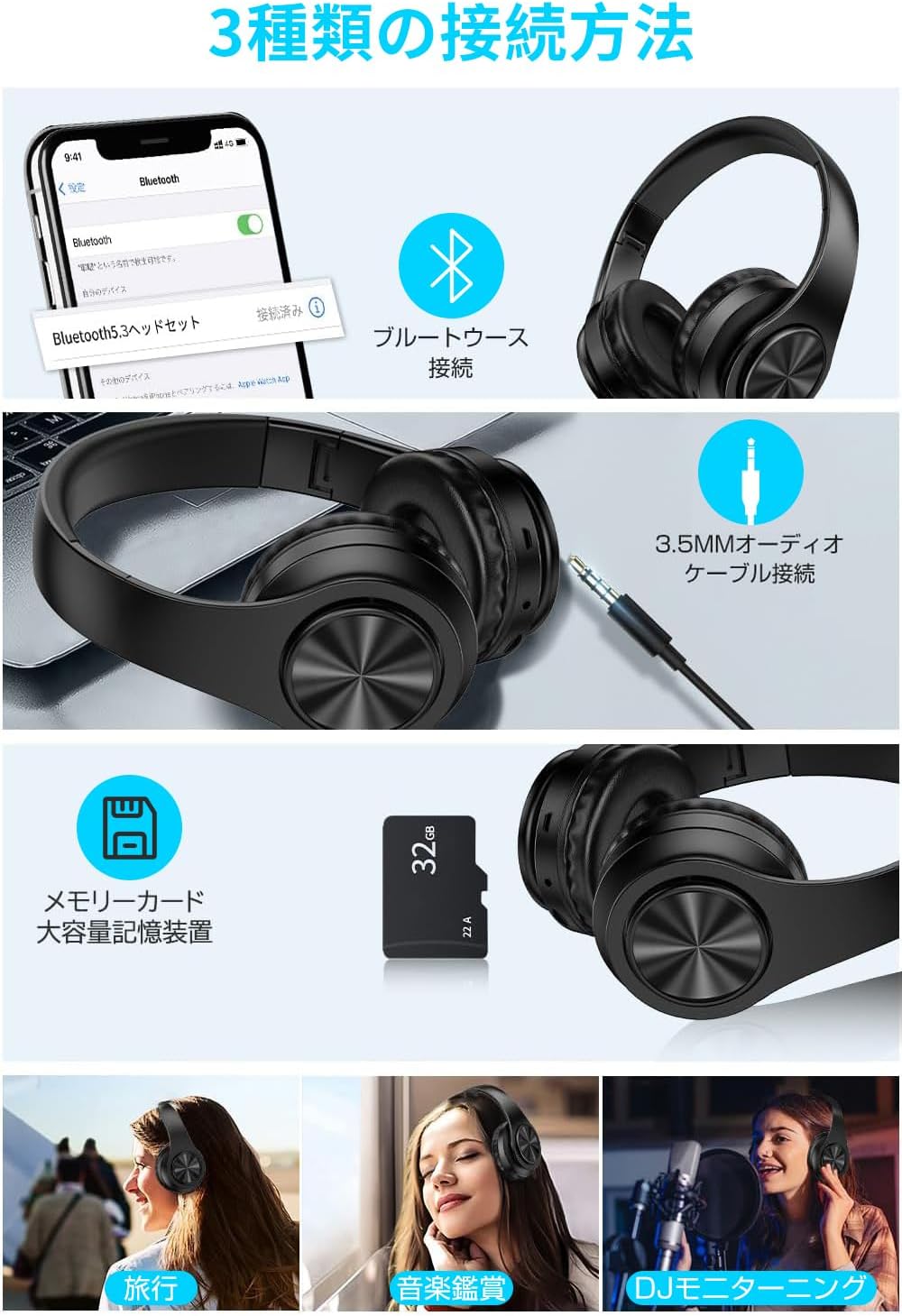 【Bluetooth5.3搭載・HIFI音質】NAZUSA ワイヤレスヘッドホン 最大38時間再生 CVC8.0ノイズキャンセリング 軽量・折り畳み可能
