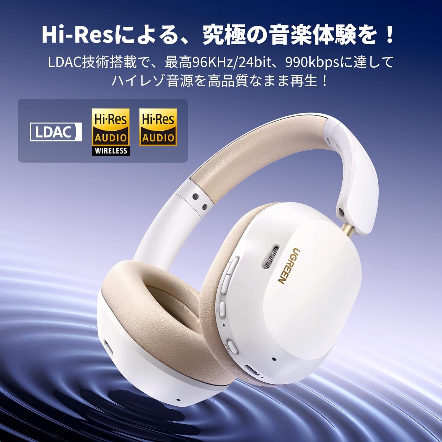 UGREEN Bluetoothワイヤレスヘッドホン - ウルトラノイズキャンセリング・ハイレゾ音質・75時間再生・マルチポイント対応・外音取り込み機能付き・白
