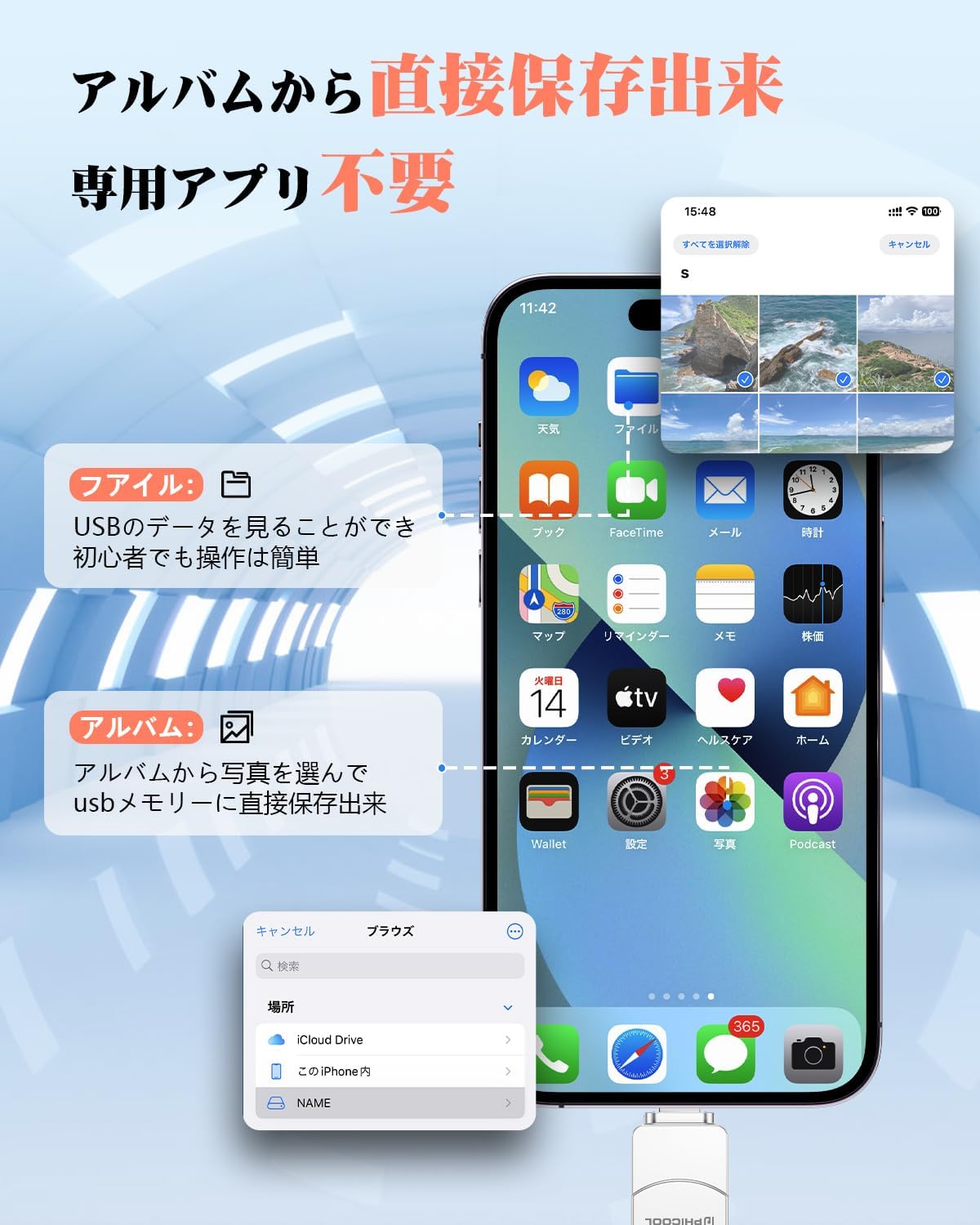 アルバム直接保存対応 4in1 USBメモリ 256GB Type-C 外付けストレージ