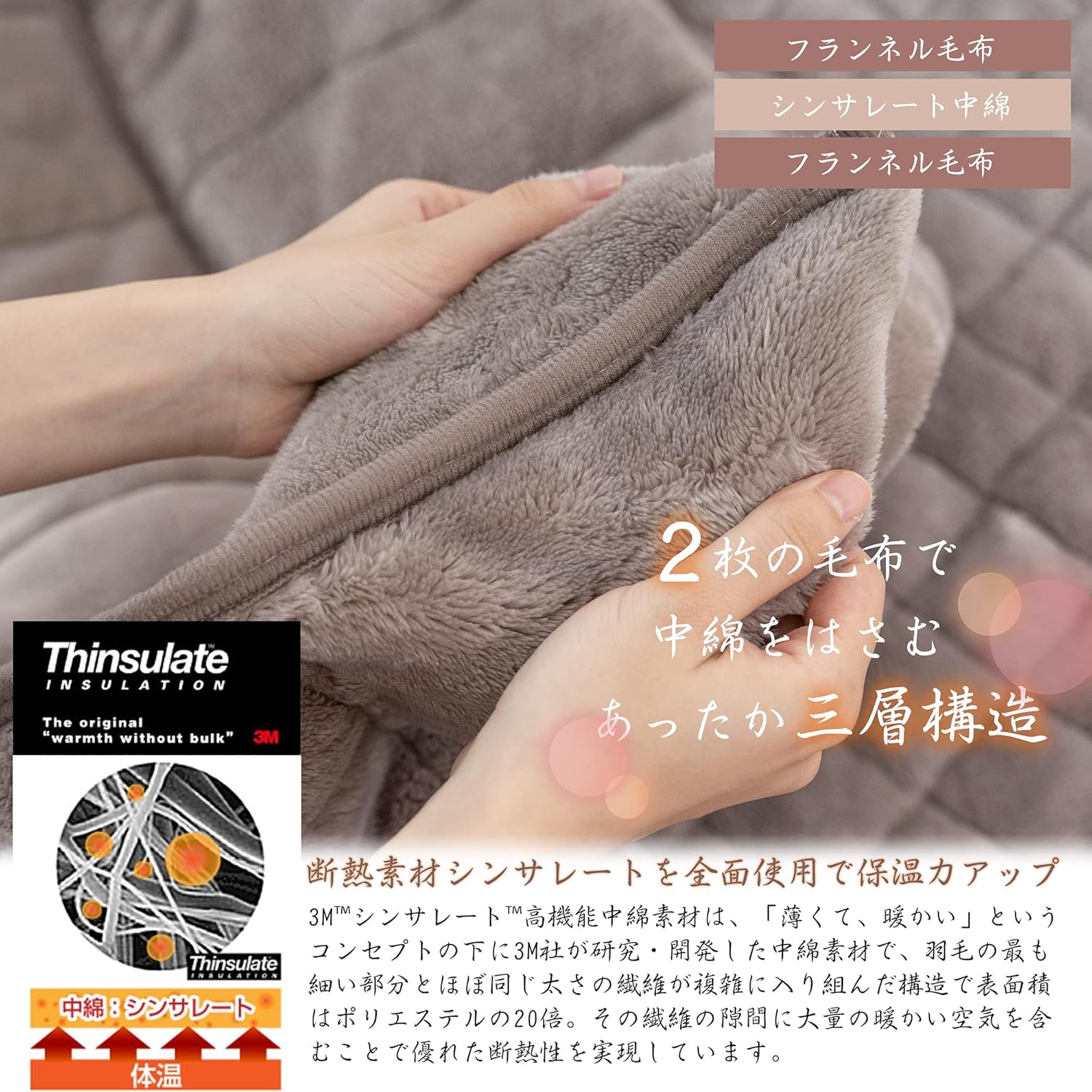 冬用シンサレート掛け毛布 シングル 140×200cm 襟付き 保温・軽量・洗える グレージュ