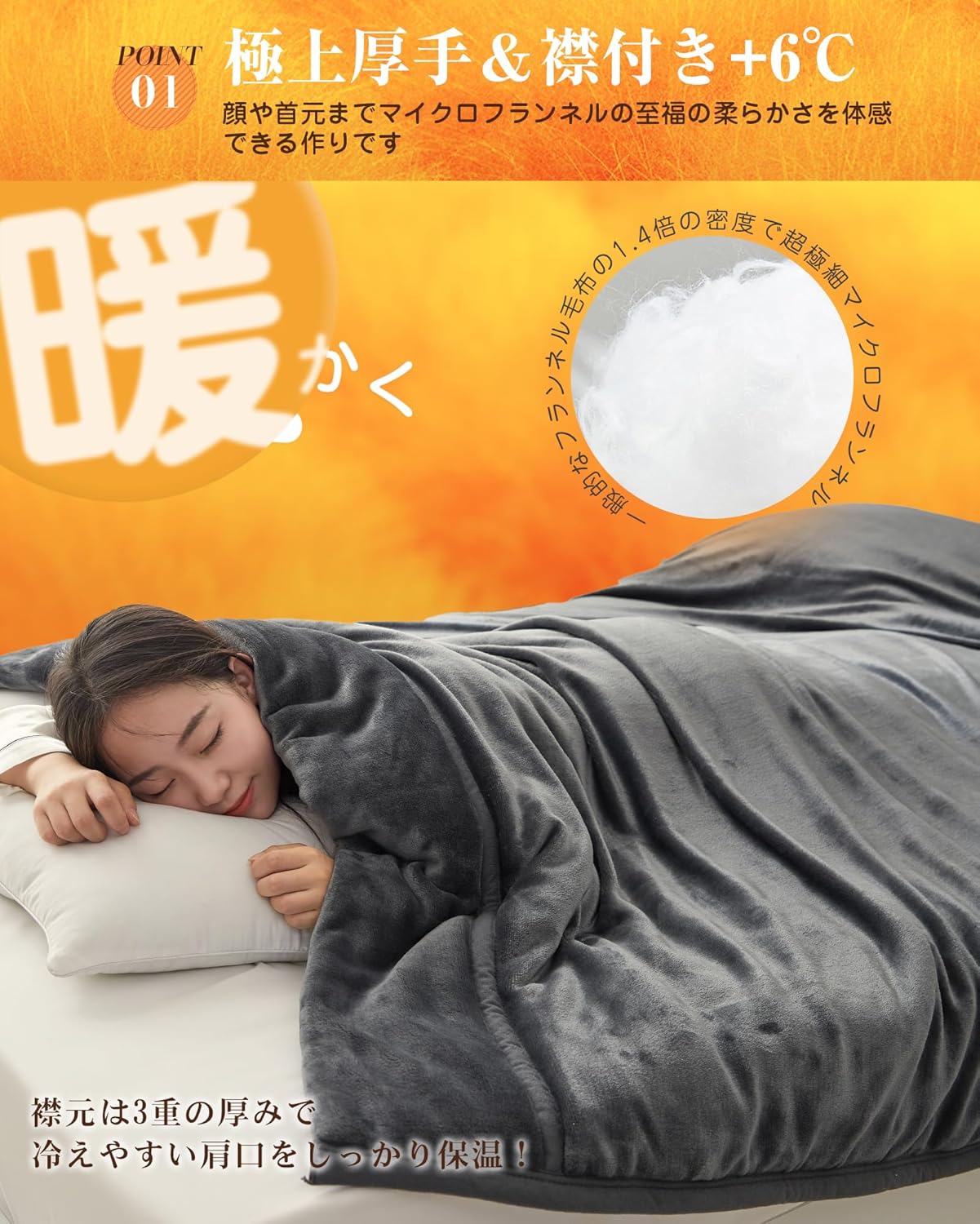 冬用 シンサレート毛布 シングル 襟付き 五層構造 ダークグレー 140×200cm