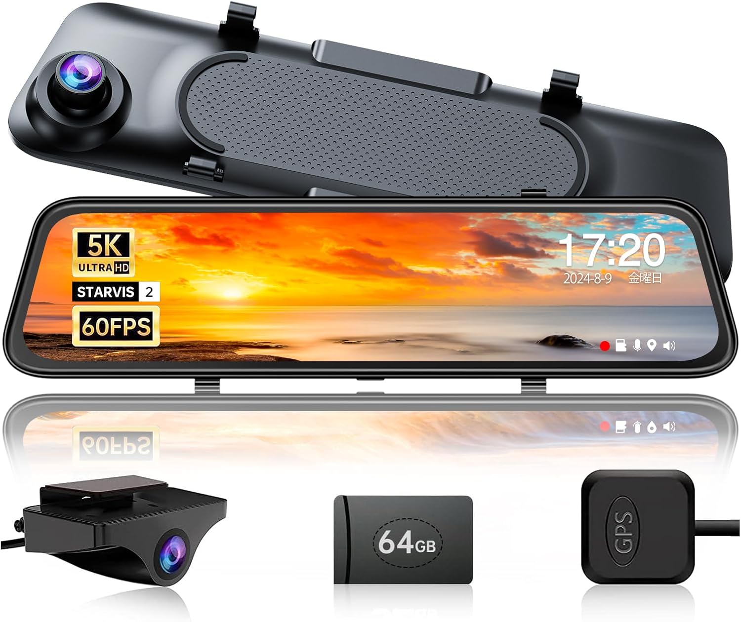 5K解像度ミラー型ドライブレコーダー 前後カメラ GPS搭載 12インチ 超鮮明ナイトビジョン 64Gメモリーカード付
