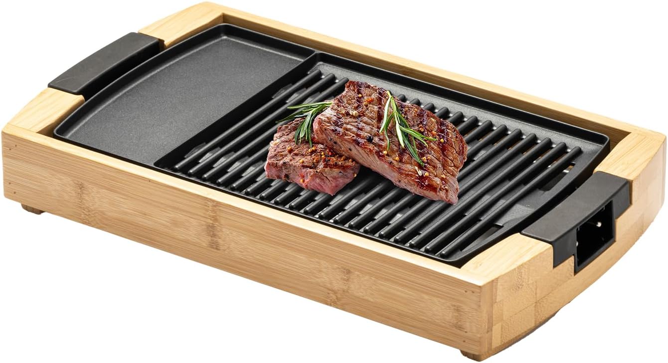 高火力焼肉プレート 1200W 油減らし 油受け皿付き 竹製木目調 おしゃれギフト
