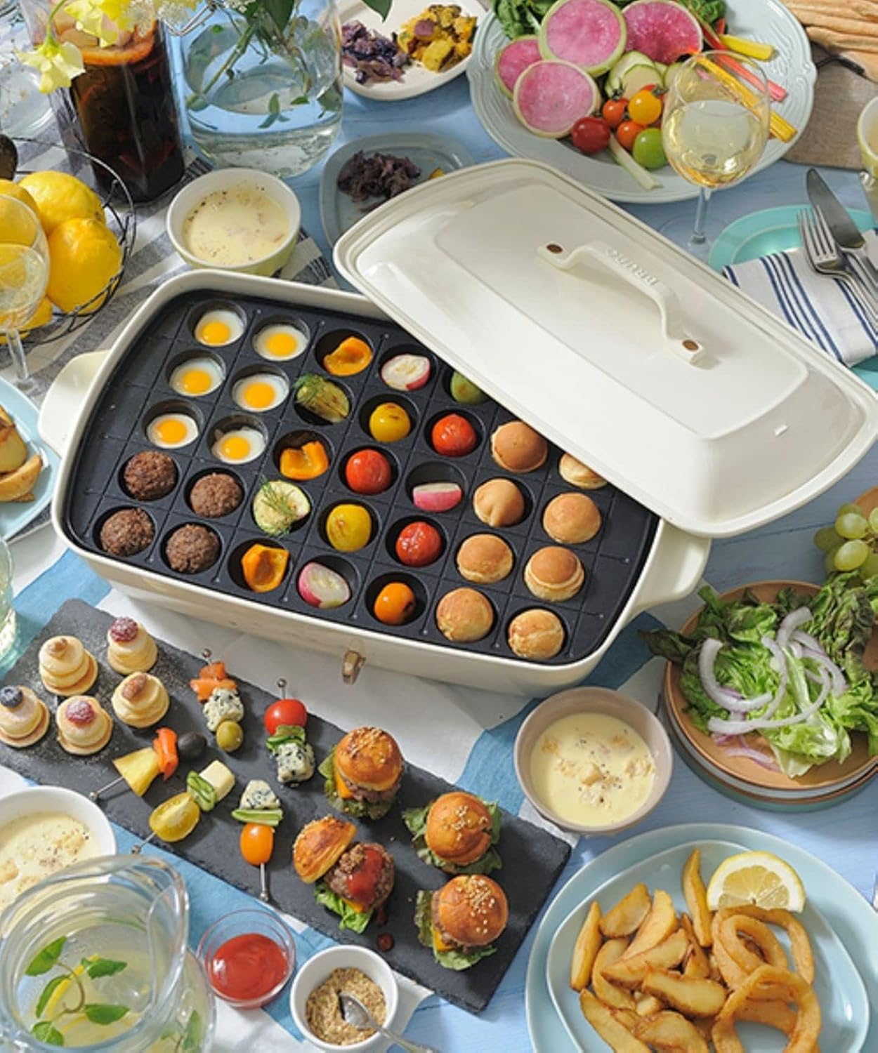 グランデサイズ ホットプレート （4種プレート付き） - ふた付き・温度調節機能 - 大人数向け - ミントグレー