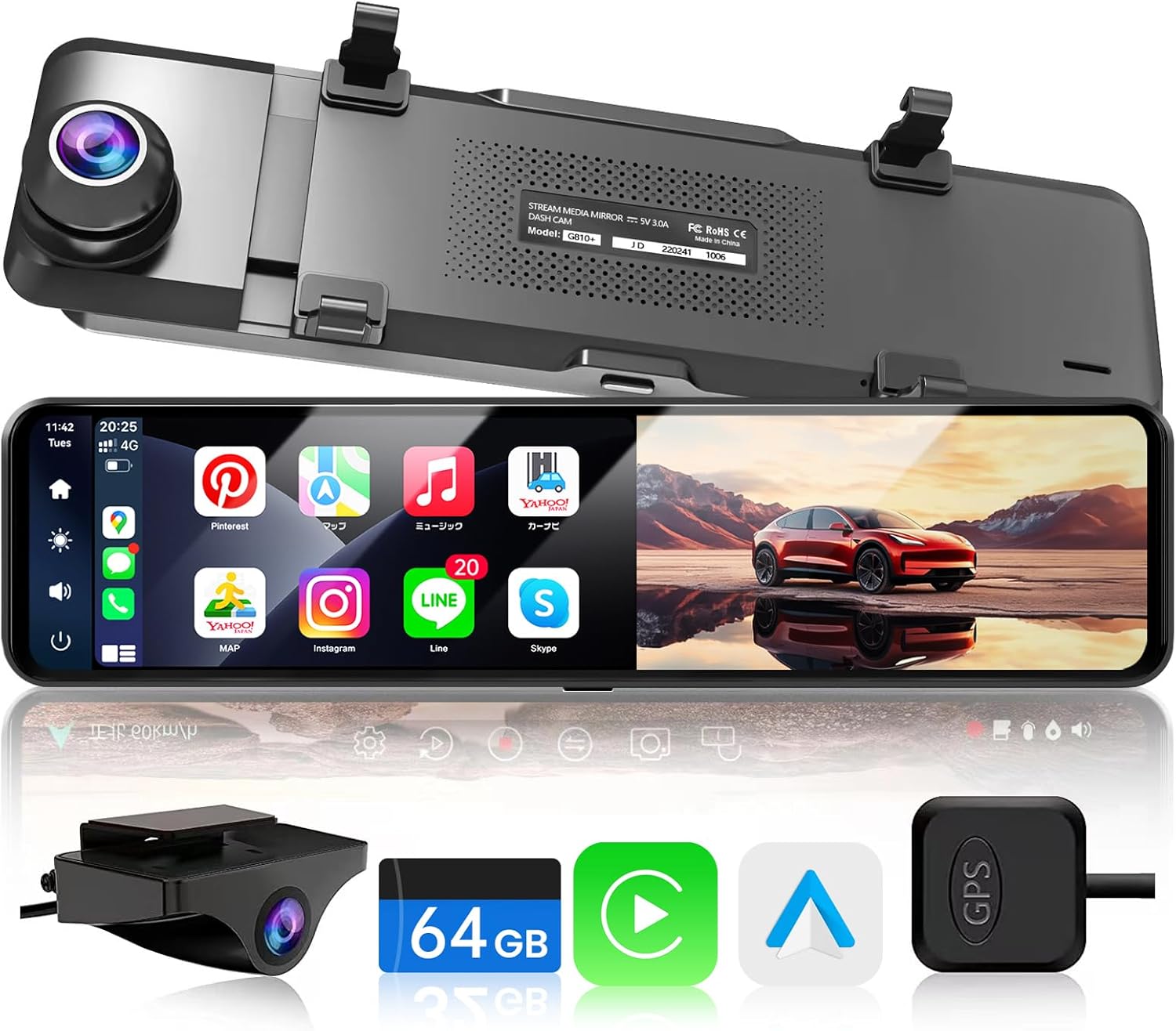 ドライブレコーダー ミラー型 CarPlay・Android Auto対応【最新拡大ズーム機能】 デジタルインナーミラー GPS・WDR・HDR・夜間暗視・24時間駐車監視 取り扱い簡単【G810s PLUS】